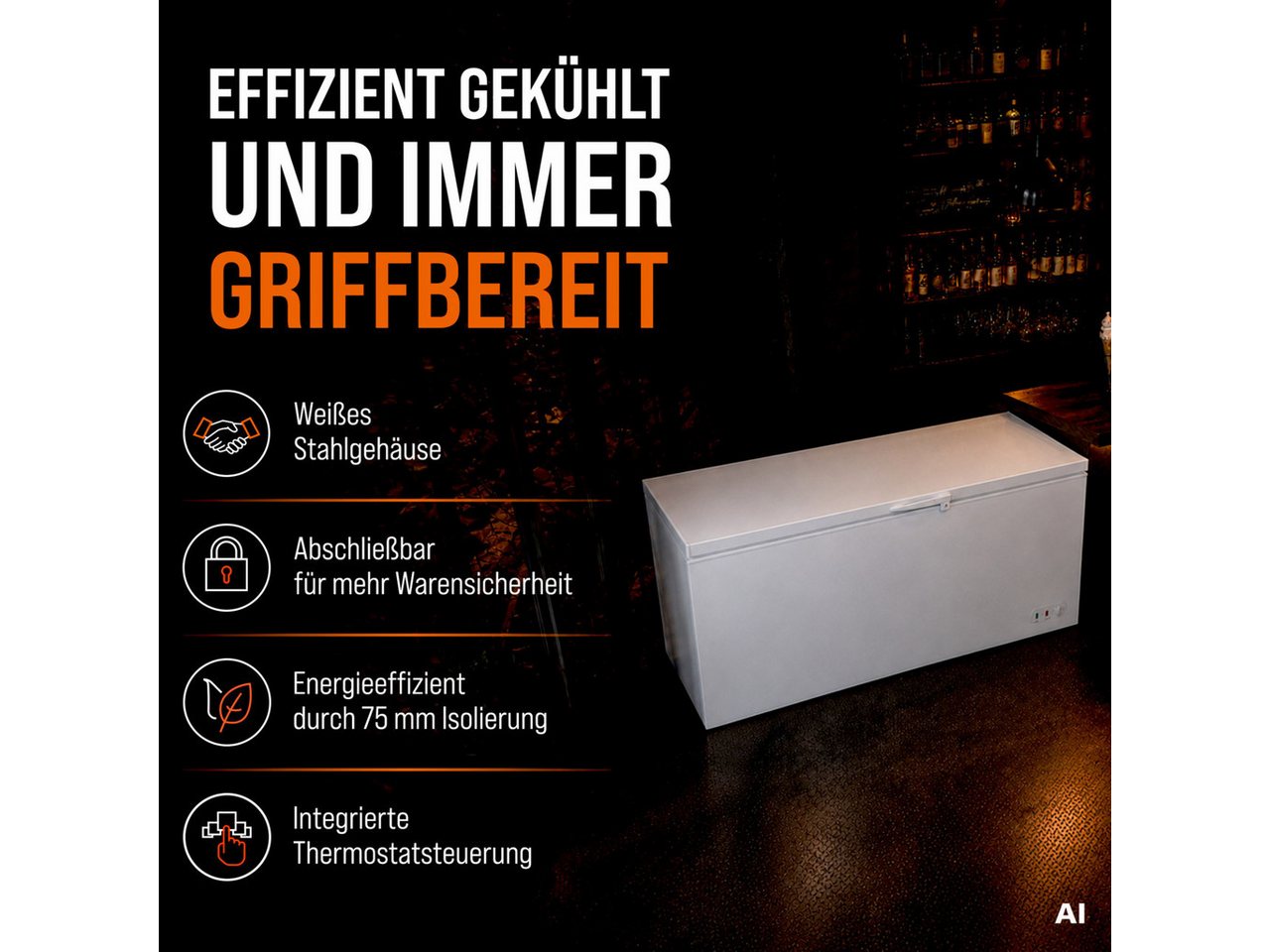 GastroHero Gefriertruhe Tiefkühltruhe ECO 550, 450L, Klappdeckel, abschließbar, Gastro TKTE550, 153.5 cm breit, Energieeffizienzklasse C, 4 Transportrollen, 2 Körbe, Gefriertruhe Bild 5