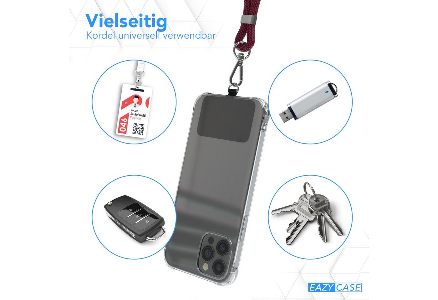 EAZY CASE Handykette Universal für jedes Smartphone zum Umhängen, Universal Handykette mit abnehmbaren Band mit Karabiner Bordeaux Rot Bild 3