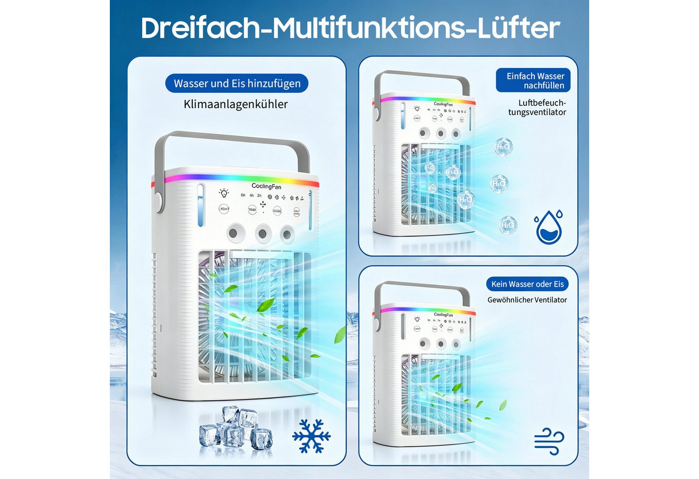 MOPUEA Ventilatorkombigerät Luftkühler Ventilator 4in1 Klimaanlage mit Fernbedienung Timer 2–8 h, Standventilator Tischklimagerät LED-Licht mit Wasserkühlung