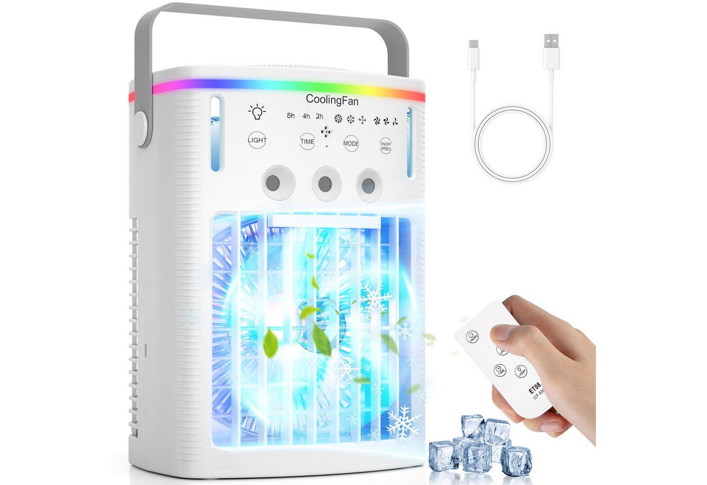 MOPUEA Ventilatorkombigerät Luftkühler Ventilator 4in1 Klimaanlage mit Fernbedienung Timer 2–8 h, Standventilator Tischklimagerät LED-Licht mit Wasserkühlung Bild 3