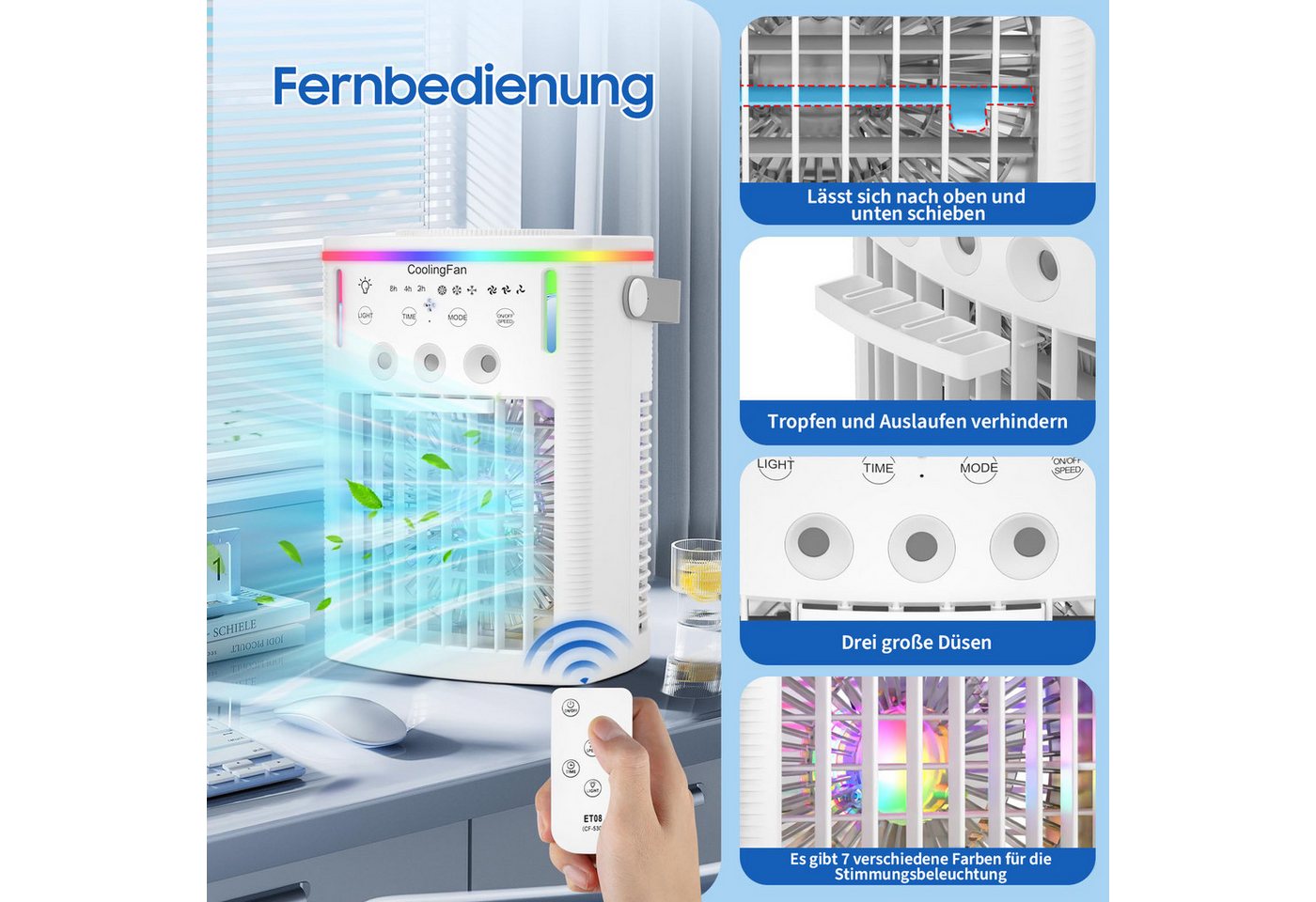 MOPUEA Ventilatorkombigerät Luftkühler Ventilator 4in1 Klimaanlage mit Fernbedienung Timer 2–8 h, Standventilator Tischklimagerät LED-Licht mit Wasserkühlung Bild 4