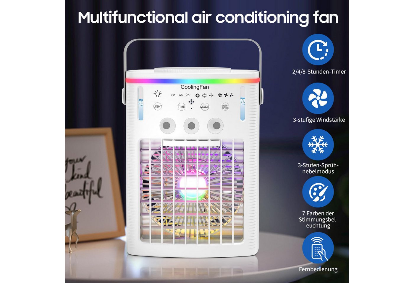MOPUEA Ventilatorkombigerät Luftkühler Ventilator 4in1 Klimaanlage mit Fernbedienung Timer 2–8 h, Standventilator Tischklimagerät LED-Licht mit Wasserkühlung Bild 5
