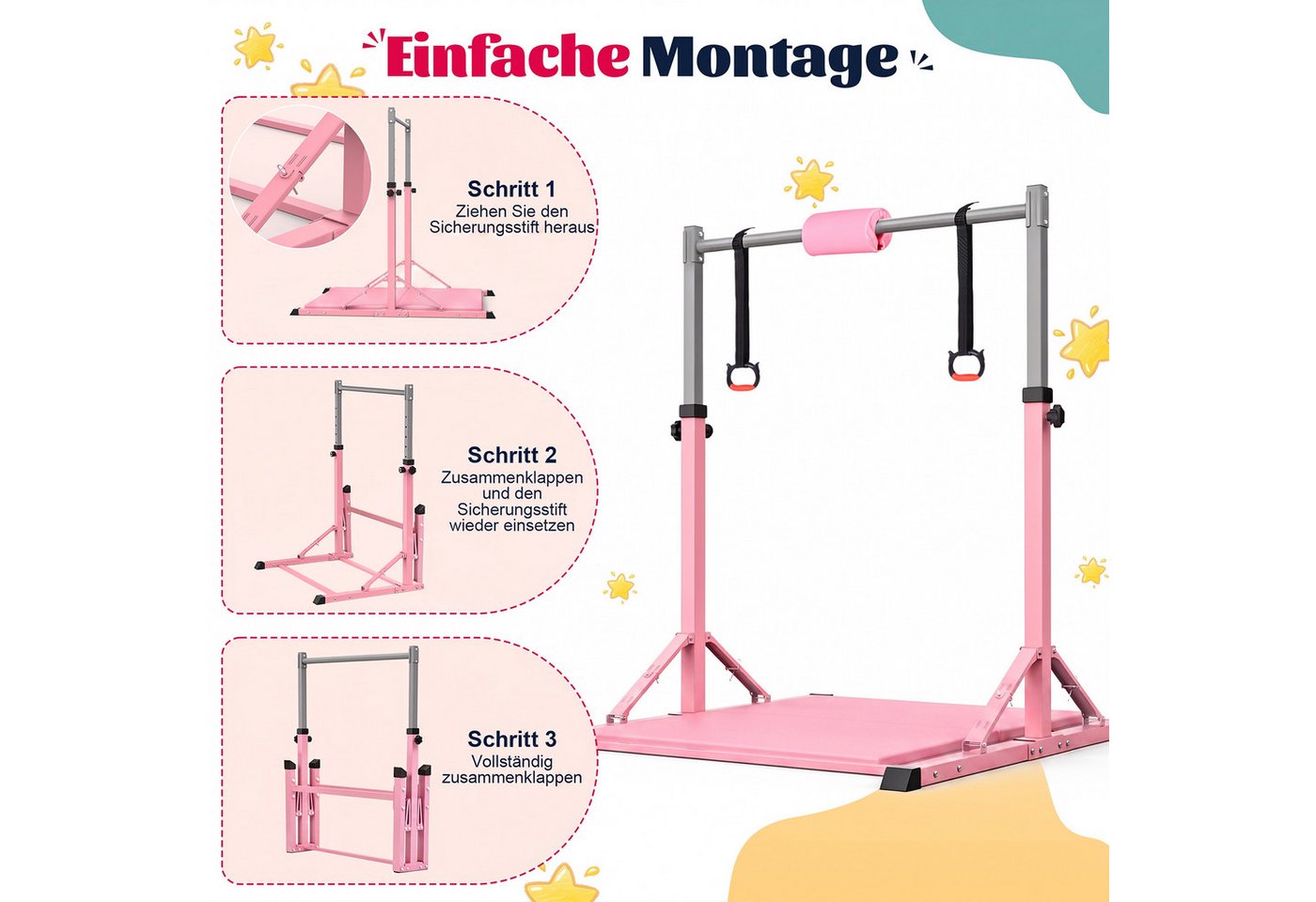 Hausright Turnreck Gymnastikstange Kinder mit Verstellbaren Höhen mit Gymnastikmatte, (Stabilität Turnstange, Reckstange, Matte, Polster & 2 Ringen), 10-Fach höhenverstellbar Indoor & Outdoor Faltbare Kinderturngerät