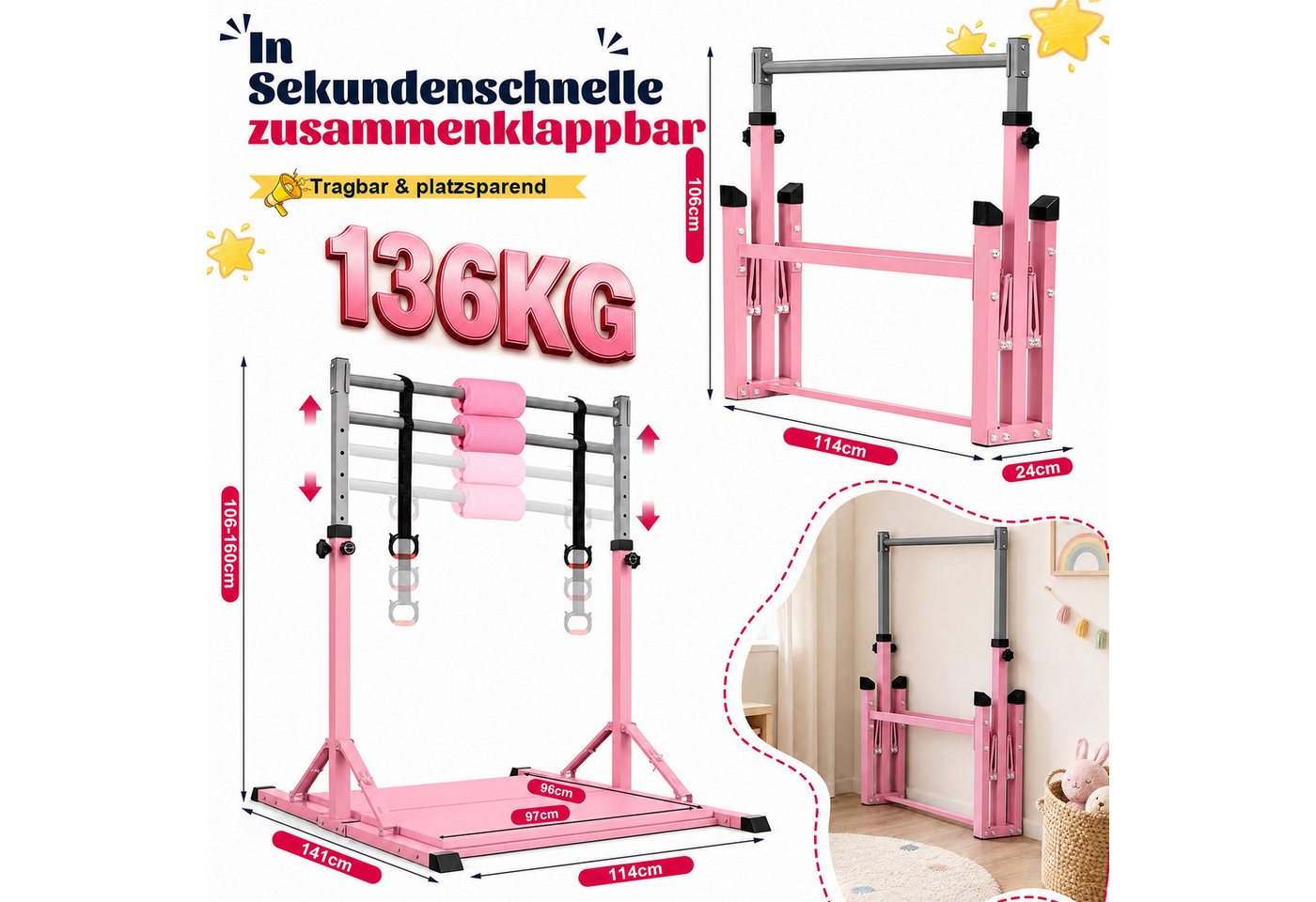 Hausright Turnreck Gymnastikstange Kinder mit Verstellbaren Höhen mit Gymnastikmatte, (Stabilität Turnstange, Reckstange, Matte, Polster & 2 Ringen), 10-Fach höhenverstellbar Indoor & Outdoor Faltbare Kinderturngerät Bild 2