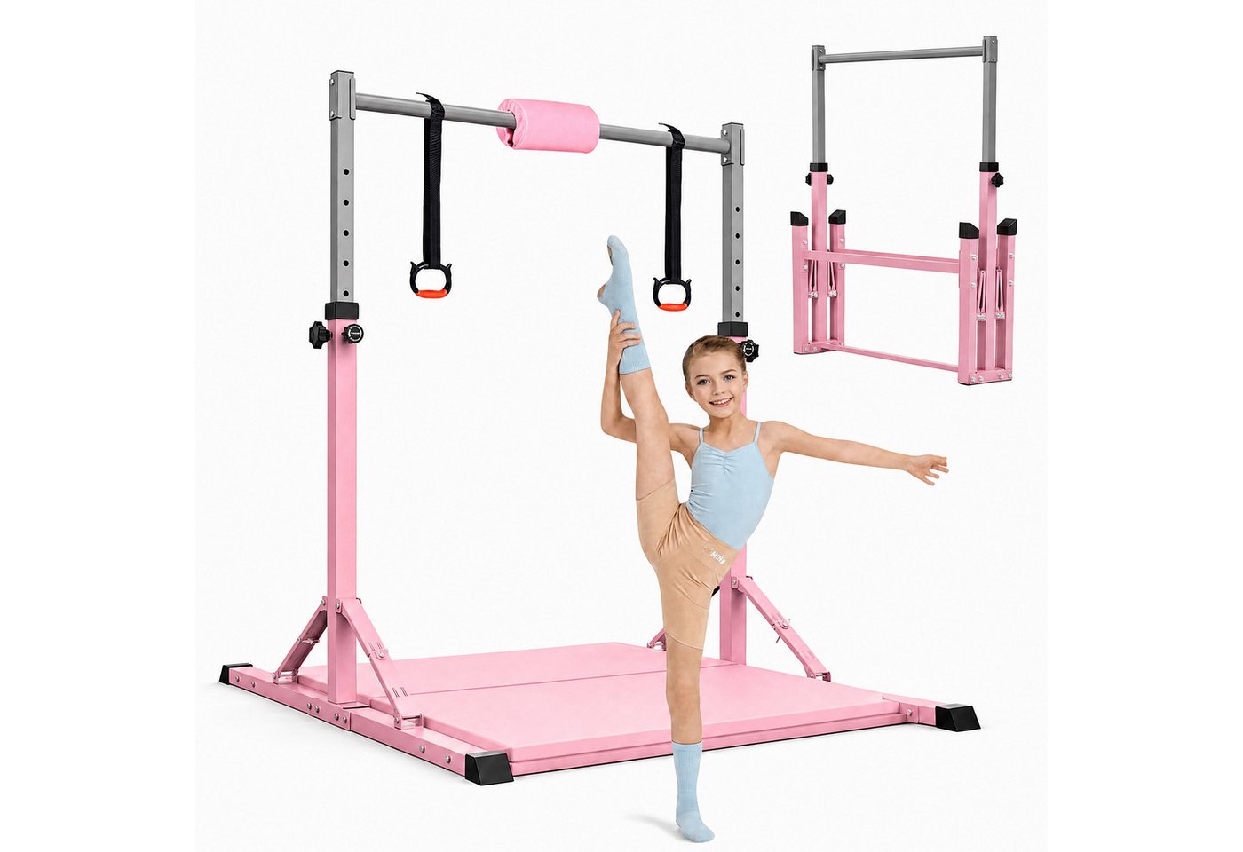 Hausright Turnreck Gymnastikstange Kinder mit Verstellbaren Höhen mit Gymnastikmatte, (Stabilität Turnstange, Reckstange, Matte, Polster & 2 Ringen), 10-Fach höhenverstellbar Indoor & Outdoor Faltbare Kinderturngerät Bild 3