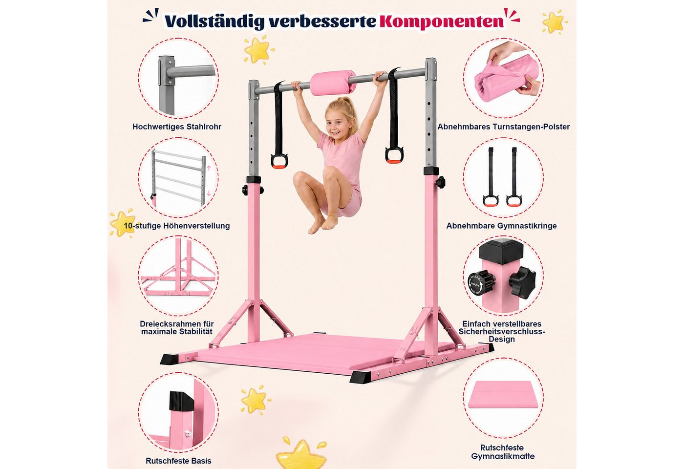 Hausright Turnreck Gymnastikstange Kinder mit Verstellbaren Höhen mit Gymnastikmatte, (Stabilität Turnstange, Reckstange, Matte, Polster & 2 Ringen), 10-Fach höhenverstellbar Indoor & Outdoor Faltbare Kinderturngerät Bild 4