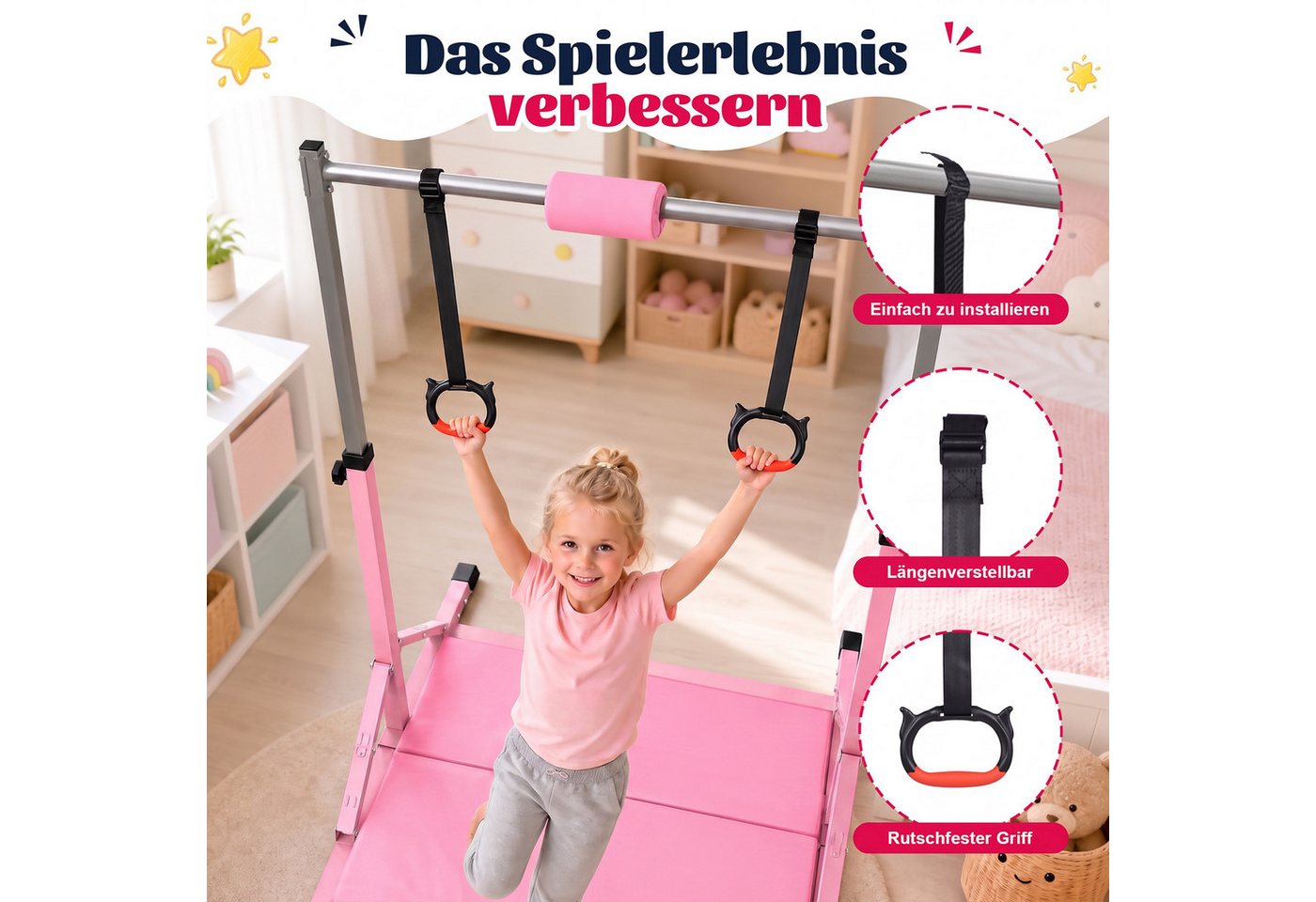Hausright Turnreck Gymnastikstange Kinder mit Verstellbaren Höhen mit Gymnastikmatte, (Stabilität Turnstange, Reckstange, Matte, Polster & 2 Ringen), 10-Fach höhenverstellbar Indoor & Outdoor Faltbare Kinderturngerät Bild 5