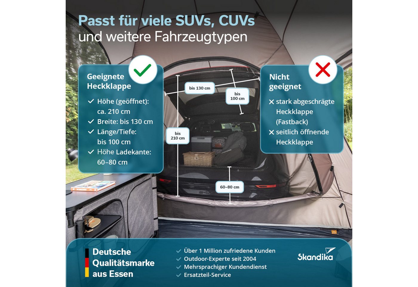 Skandika Buszelt Heckzelt Pitea SUV Protect, für Auto, CUV, Bus, Minivan, freistehend, Personen: 4 (Transporttasche, recyceltes Material, Haken für Campinglampe), eingenähter Zeltboden, 2,2 m Stehhöhe, wasserfest, 5000mm Wassersäule