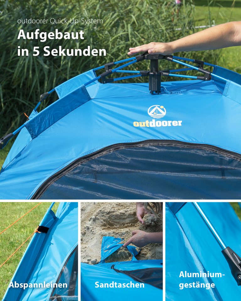 outdoorer Strandmuschel Sun Snapper Alu Air - Wind- & Sonnenschutz für Garten, Meer & See, Personen: 3, Quick-up-Strandmuschel mit UV 80-Schutz, Windschutz & Alu-Gestänge