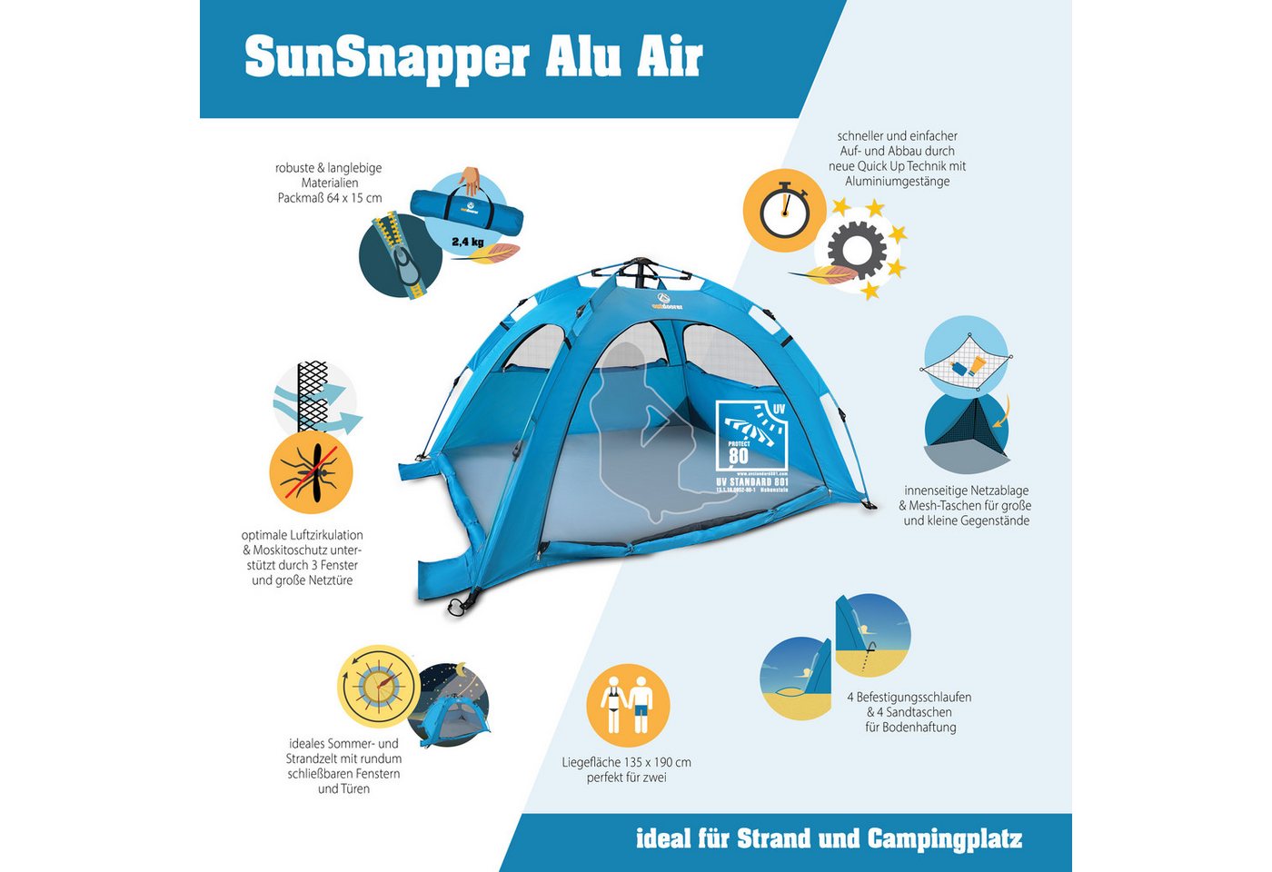 outdoorer Strandmuschel Sun Snapper Alu Air - Wind- & Sonnenschutz für Garten, Meer & See, Personen: 3, Quick-up-Strandmuschel mit UV 80-Schutz, Windschutz & Alu-Gestänge Bild 5