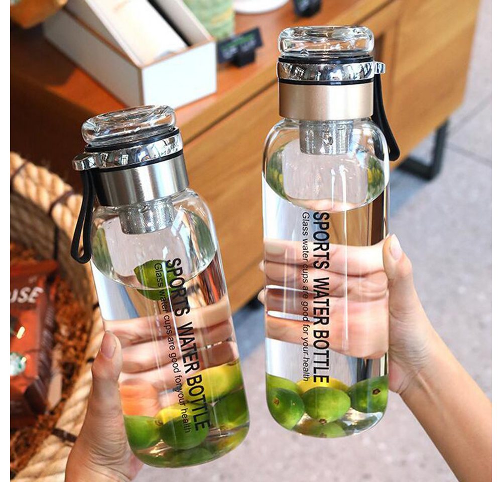 Coonoor Trinkflasche Glasflasche 1L - Wasserflasche Trinkflasche Glas mit Neoprenhülle, Glastrinkflasche mit Edelstahl-Sieb, Glasdeckel als Becher verwendbar