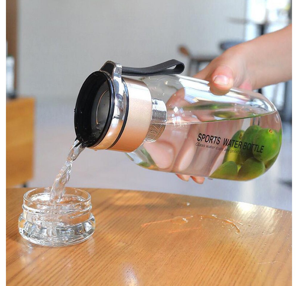 Coonoor Trinkflasche Glasflasche 1L - Wasserflasche Trinkflasche Glas mit Neoprenhülle, Glastrinkflasche mit Edelstahl-Sieb, Glasdeckel als Becher verwendbar Bild 2