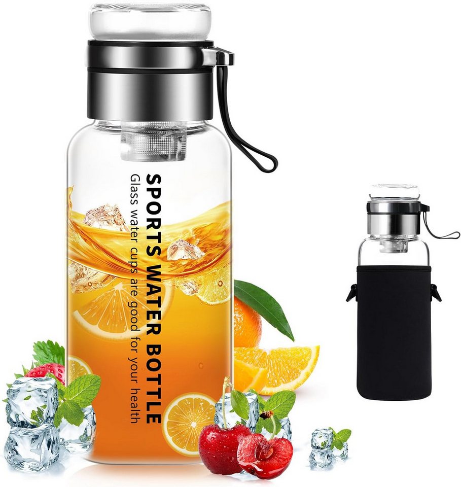 Coonoor Trinkflasche Glasflasche 1L - Wasserflasche Trinkflasche Glas mit Neoprenhülle, Glastrinkflasche mit Edelstahl-Sieb, Glasdeckel als Becher verwendbar Bild 4