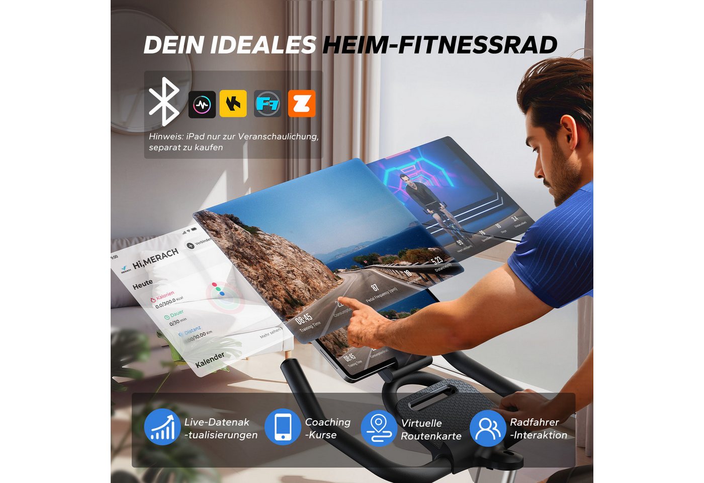 MERACH Heimtrainer Magnetwiderstand heimtrainer fahrrad, stationäres fahrrad für zu hause (Smart hometrainer mit LCD Display, Bluetooth, 1-tlg., Zwift & Kinomap App, Tablet-Halterung), 100 stufenloser Magnetwiderstand, extrem leise, bis 136 KG