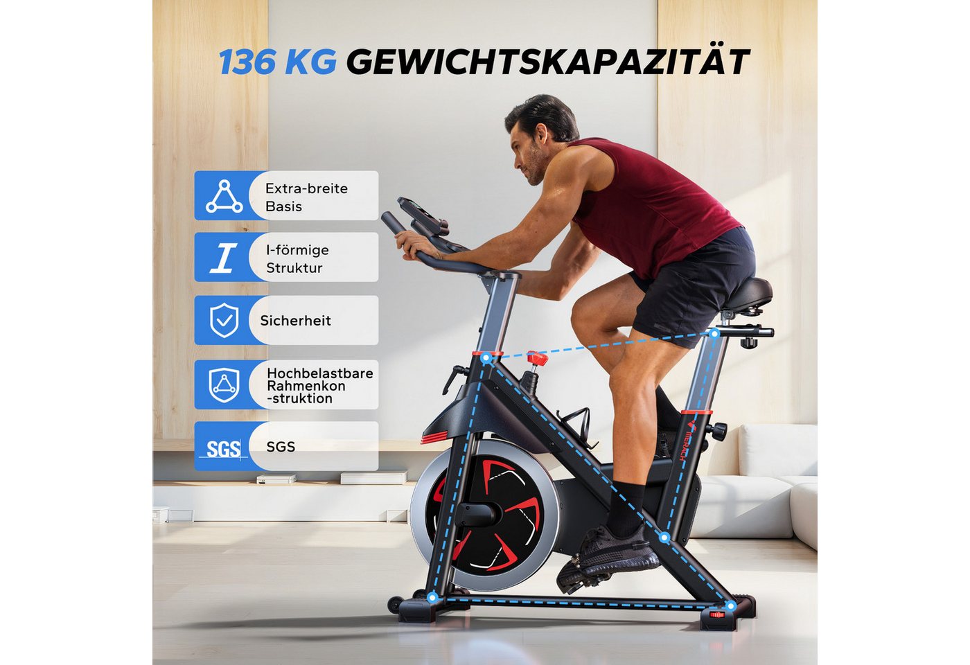 MERACH Heimtrainer Magnetwiderstand heimtrainer fahrrad, stationäres fahrrad für zu hause (Smart hometrainer mit LCD Display, Bluetooth, 1-tlg., Zwift & Kinomap App, Tablet-Halterung), 100 stufenloser Magnetwiderstand, extrem leise, bis 136 KG Bild 3