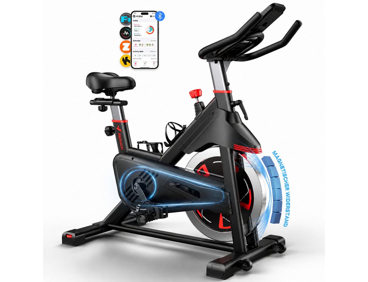 MERACH Heimtrainer Magnetwiderstand heimtrainer fahrrad, stationäres fahrrad für zu hause (Smart hometrainer mit LCD Display, Bluetooth, 1-tlg., Zwift & Kinomap App, Tablet-Halterung), 100 stufenloser Magnetwiderstand, extrem leise, bis 136 KG Bild 5