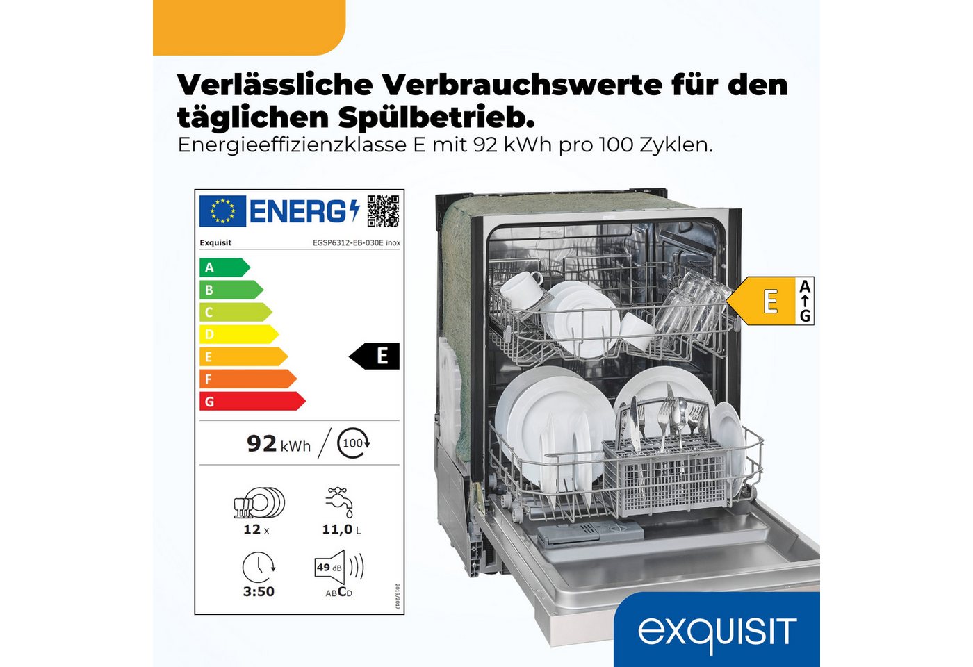 exquisit teilintegrierbarer Geschirrspüler EGSP56312-EB-030E, 11 l, 12 Maßgedecke, LED-Anzeige, höhenverstellbare Füße, Kindersicherung Bild 4