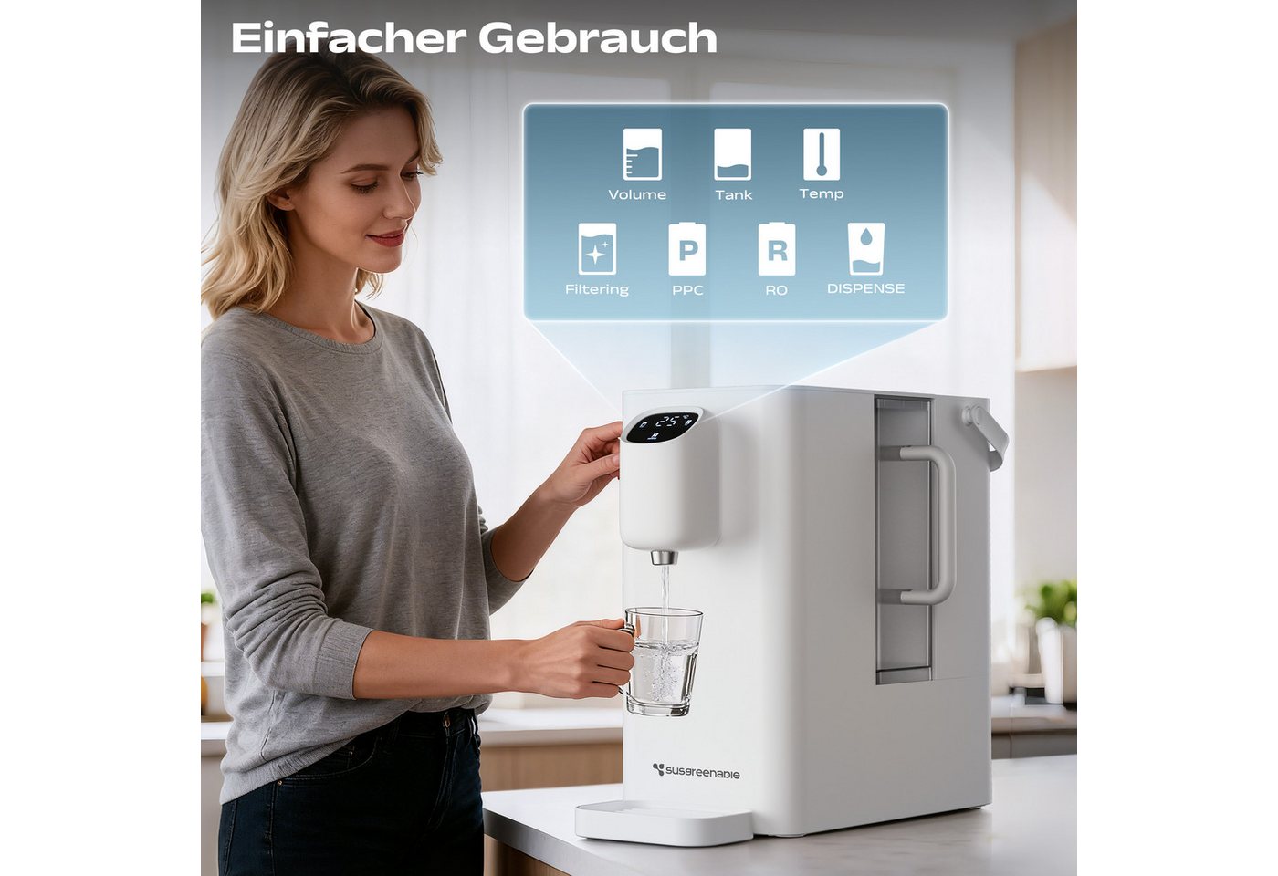 susgreenable Osmoseanlage 4-stufiges Filtersystem Tragbarer Wasserreiniger 3S Heißwasser, ohne Festwasseranschluss-Anschluss, für kaltes Wasser, Umkehrosmoseanlage mit 3:1 Rein zu Abwasser Trinkwasser