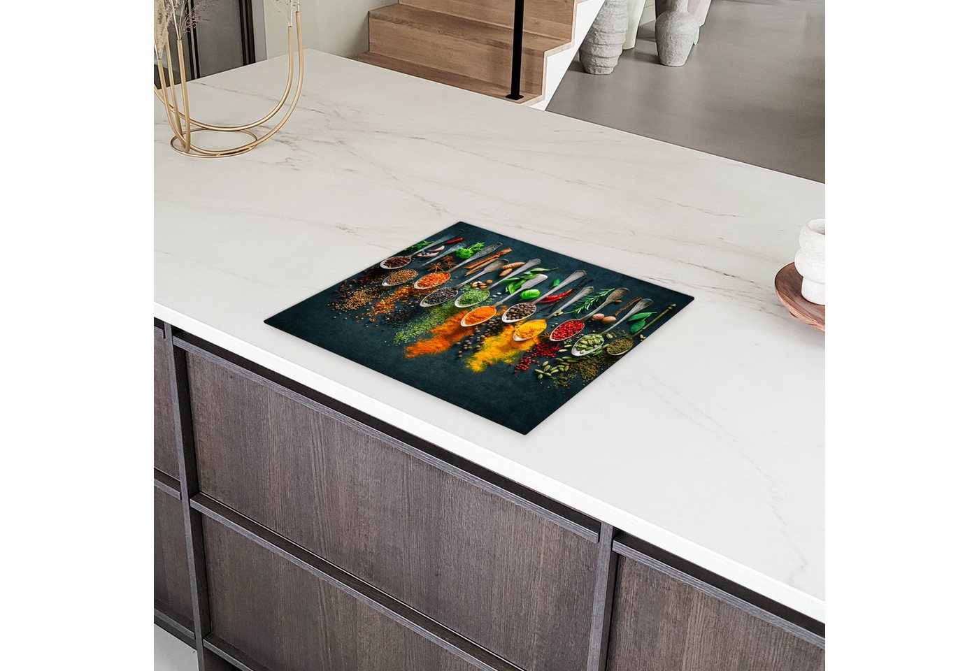 MuchoWow Herd-Abdeckplatte Kräuter - Gewürze - Löffel, Vinyl, (1 tlg), Küche Herdabdeckplatte Ceranfeld Vinyl Einteilig, 59x52 cm