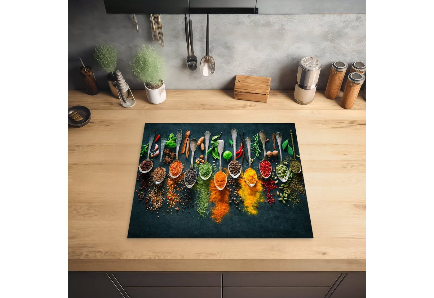 MuchoWow Herd-Abdeckplatte Kräuter - Gewürze - Löffel, Vinyl, (1 tlg), Küche Herdabdeckplatte Ceranfeld Vinyl Einteilig, 59x52 cm Bild 4