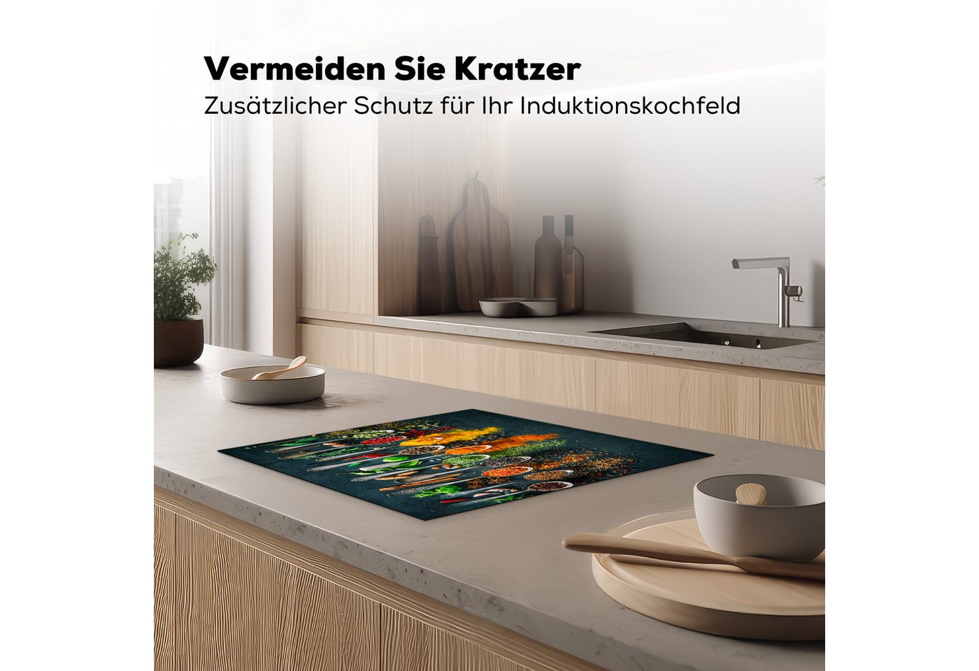MuchoWow Herd-Abdeckplatte Kräuter - Gewürze - Löffel, Vinyl, (1 tlg), Küche Herdabdeckplatte Ceranfeld Vinyl Einteilig, 59x52 cm Bild 5
