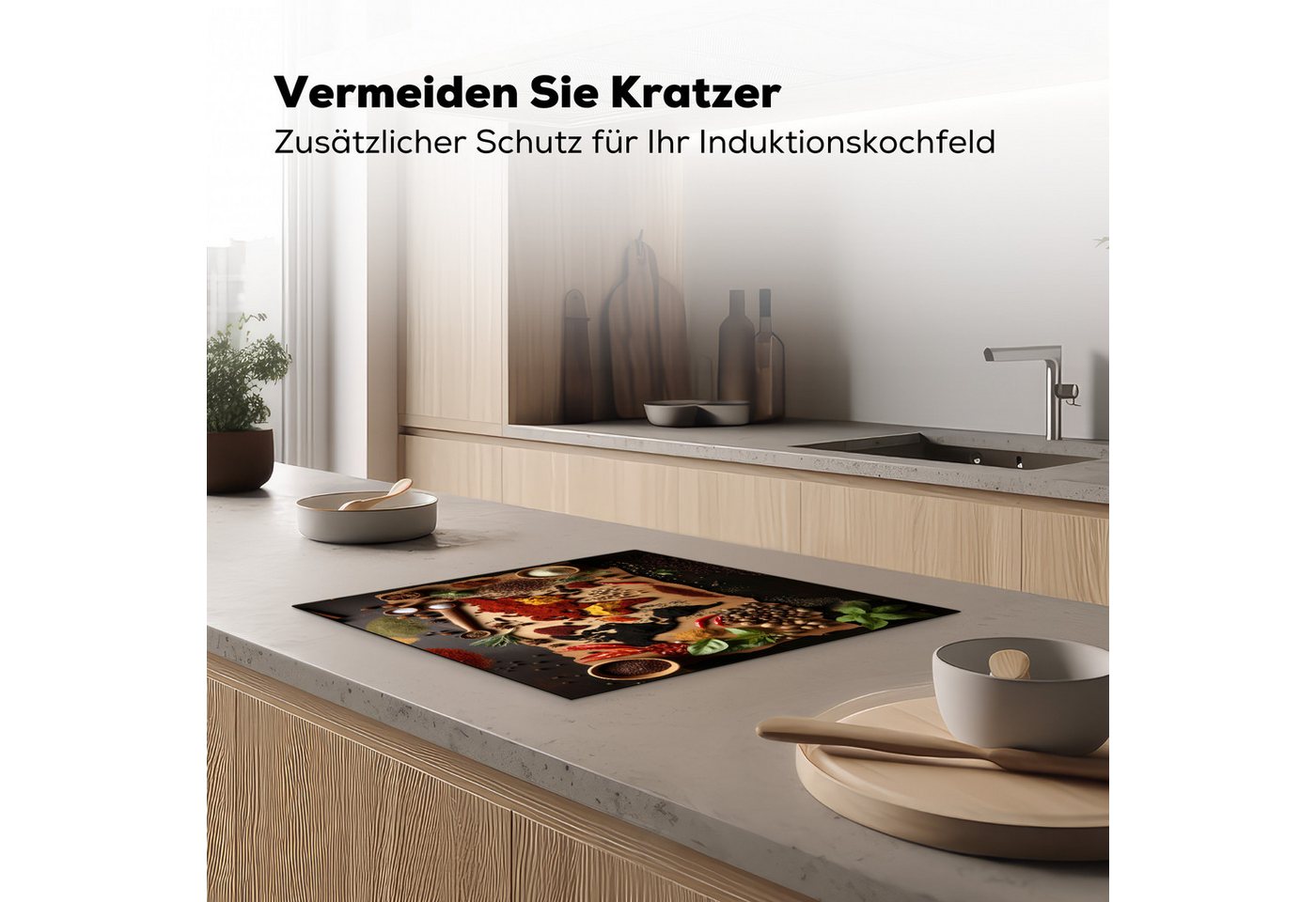 MuchoWow Herd-Abdeckplatte Kräuter - Gewürze - Weltkarte - Braun - Löffel - Farbenfroh, Vinyl, (1 tlg), Ceranfeldabdeckung Küche, Herdabdeckplatte Einteilig, 60x52 cm