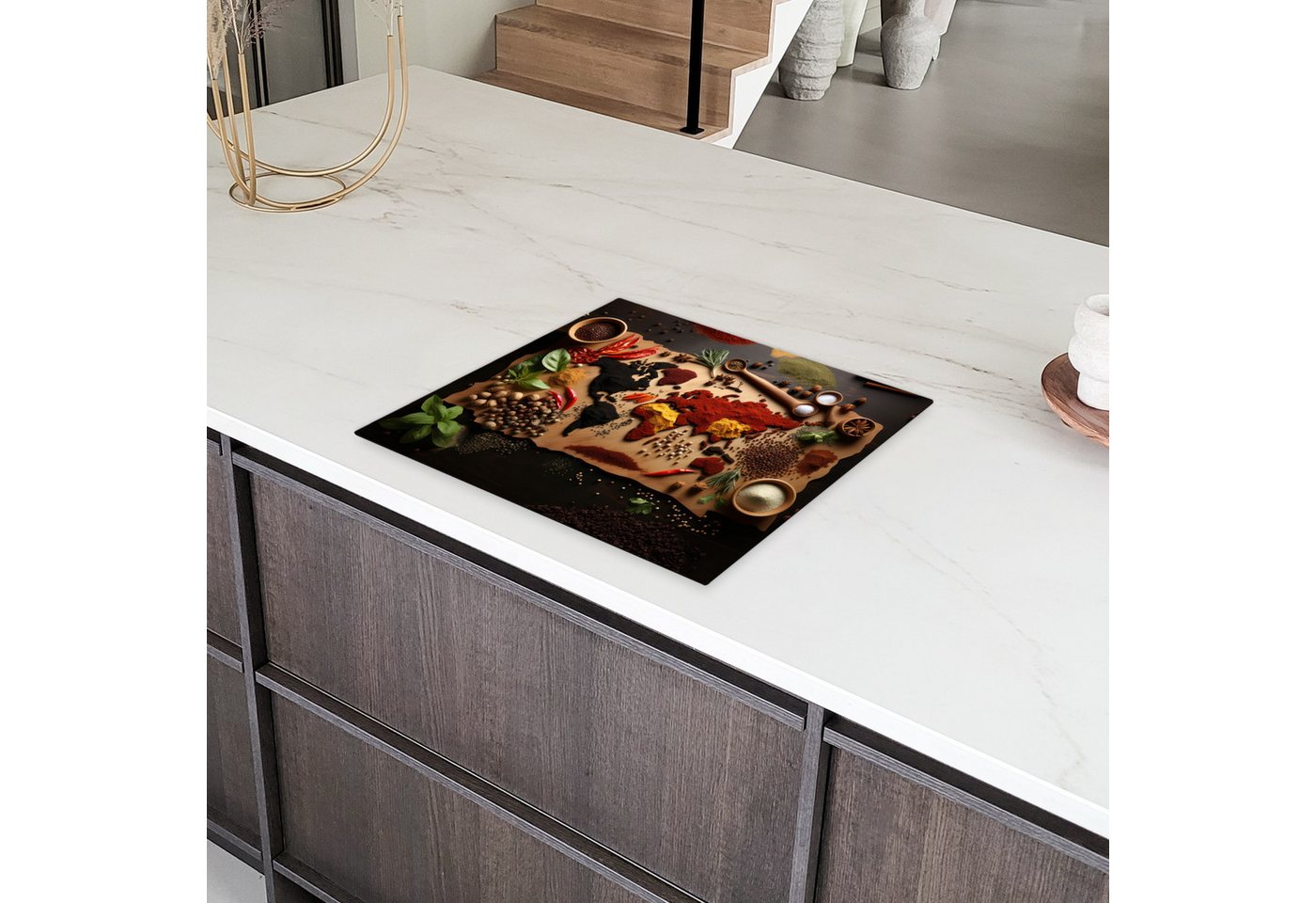 MuchoWow Herd-Abdeckplatte Kräuter - Gewürze - Weltkarte - Braun - Löffel - Farbenfroh, Vinyl, (1 tlg), Ceranfeldabdeckung Küche, Herdabdeckplatte Einteilig, 60x52 cm Bild 2