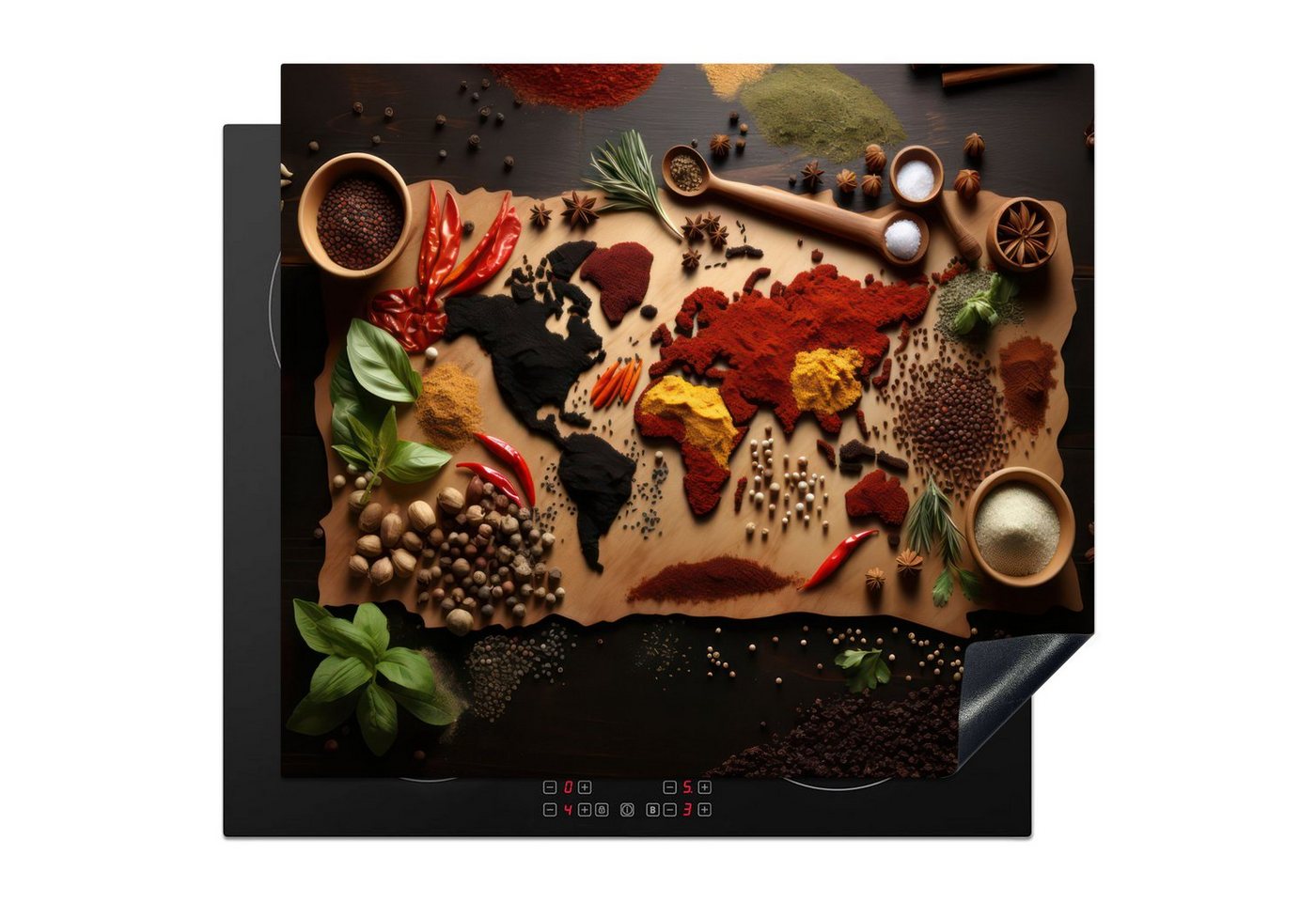 MuchoWow Herd-Abdeckplatte Kräuter - Gewürze - Weltkarte - Braun - Löffel - Farbenfroh, Vinyl, (1 tlg), Ceranfeldabdeckung Küche, Herdabdeckplatte Einteilig, 60x52 cm Bild 3
