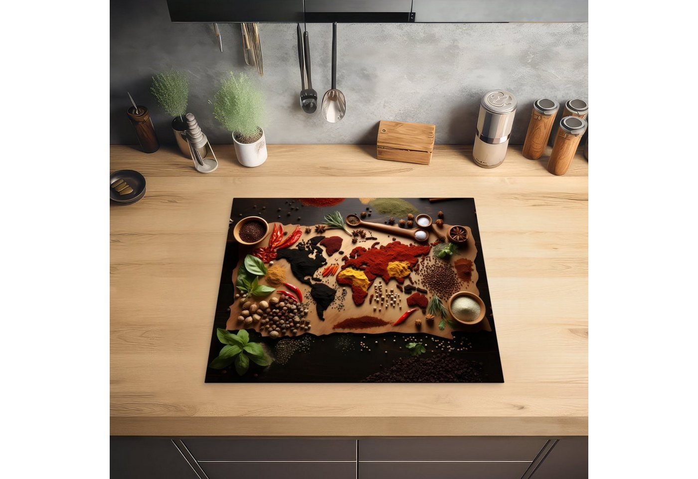 MuchoWow Herd-Abdeckplatte Kräuter - Gewürze - Weltkarte - Braun - Löffel - Farbenfroh, Vinyl, (1 tlg), Ceranfeldabdeckung Küche, Herdabdeckplatte Einteilig, 60x52 cm Bild 5