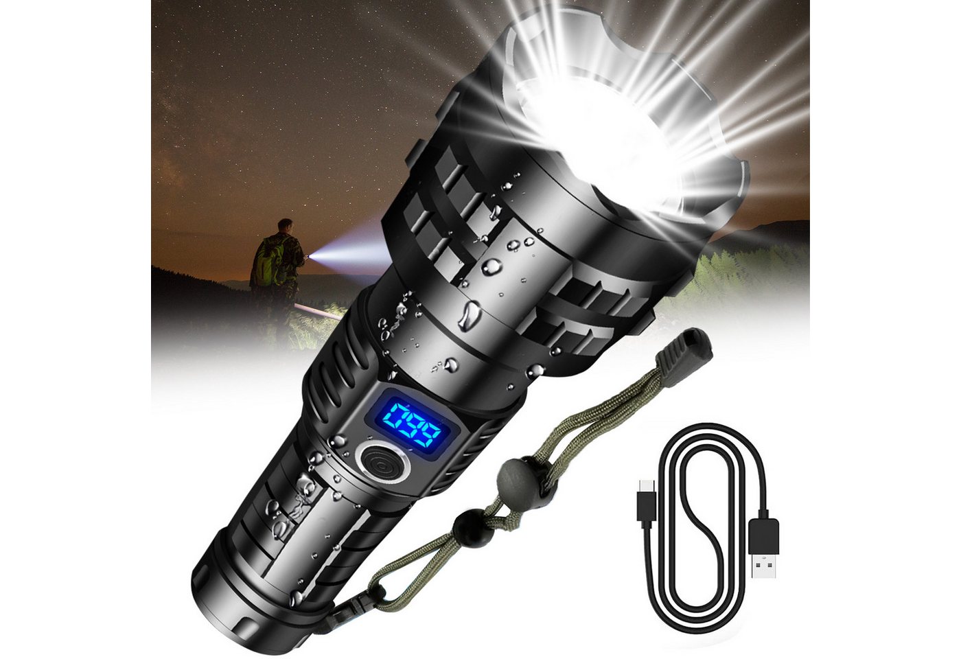 AIMAX LED Taschenlampe Taschenlampe LED Aufladbar, 2000 Lumen, 300 m Zoom, Wasserdicht (Typ-C) Bild 2