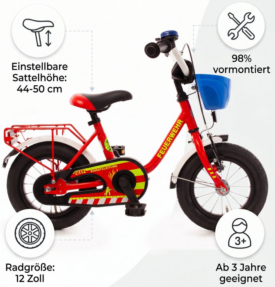 Bachtenkirch Kinderfahrrad 12 Zoll Feuerwehr Fahrrad für Kinder ab 3 Jahre, Sitzhöhe 44-50 cm - Schrittlänge des Kindes ab 42 cm