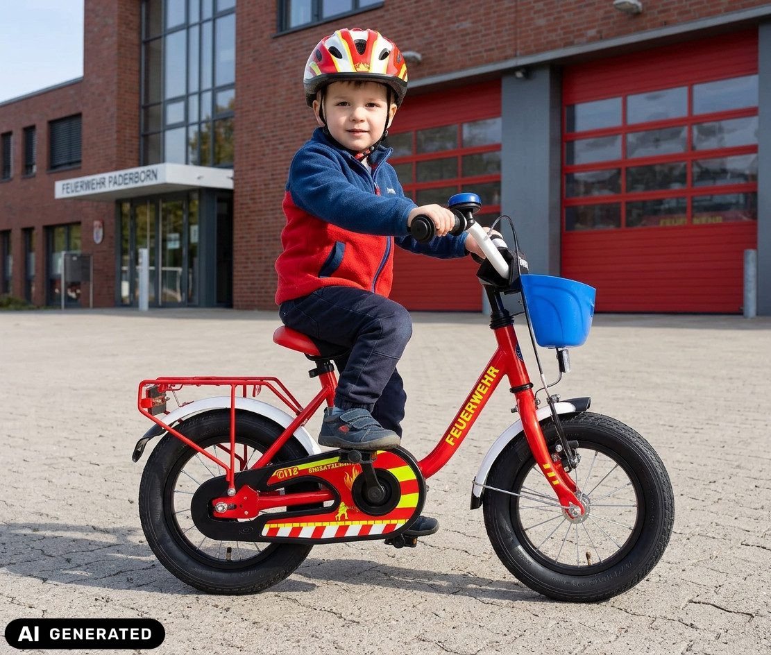 Bachtenkirch Kinderfahrrad 12 Zoll Feuerwehr Fahrrad für Kinder ab 3 Jahre, Sitzhöhe 44-50 cm - Schrittlänge des Kindes ab 42 cm Bild 2