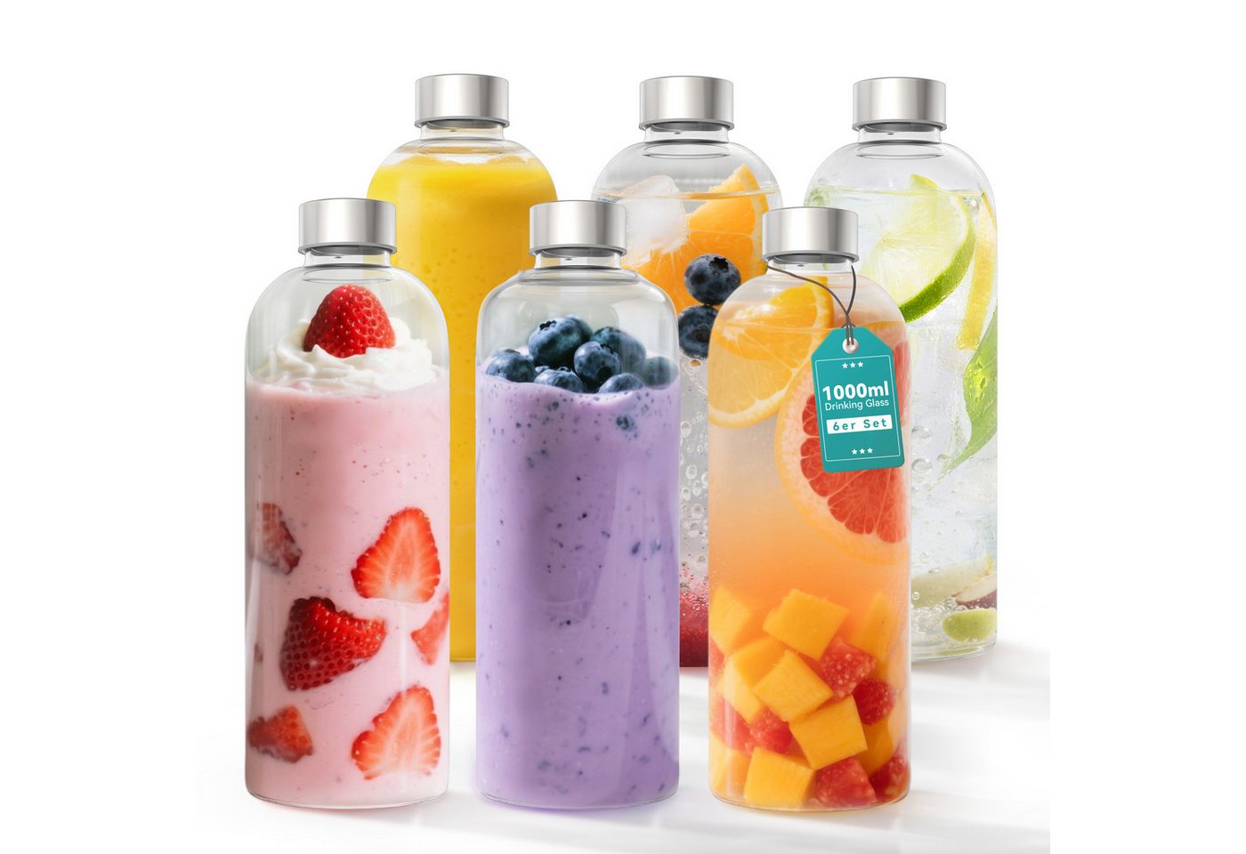 FIVMEN Trinkflasche luftdichte Glaswasserflasche 1000ml mit Edelstahldeckel, 2/4/6 Stück Saftflaschen Set inkl. Reinigungsbürste für Wasser, Saft