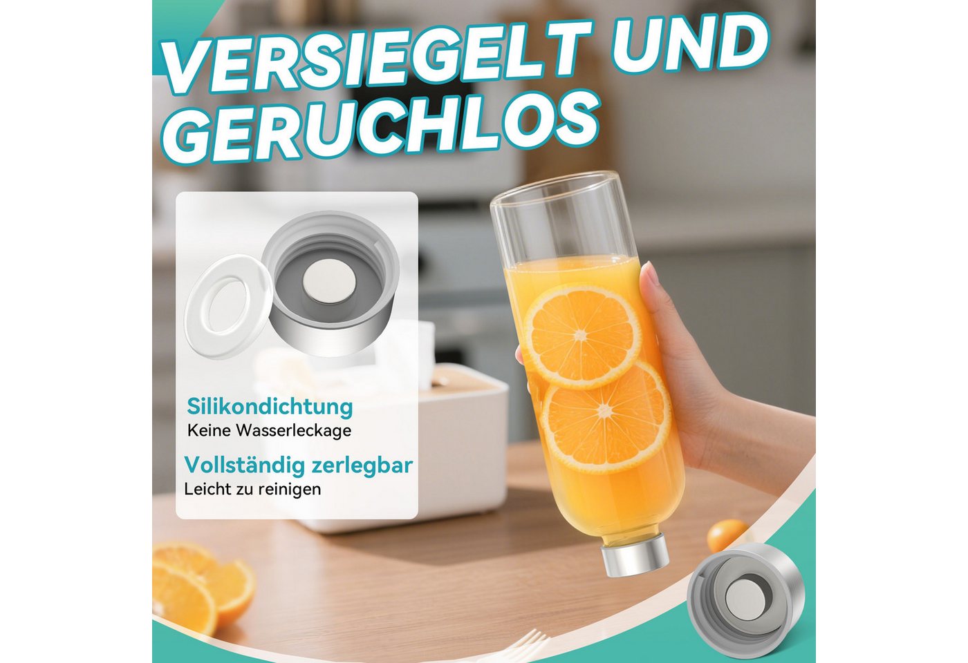 FIVMEN Trinkflasche luftdichte Glaswasserflasche 1000ml mit Edelstahldeckel, 2/4/6 Stück Saftflaschen Set inkl. Reinigungsbürste für Wasser, Saft Bild 2