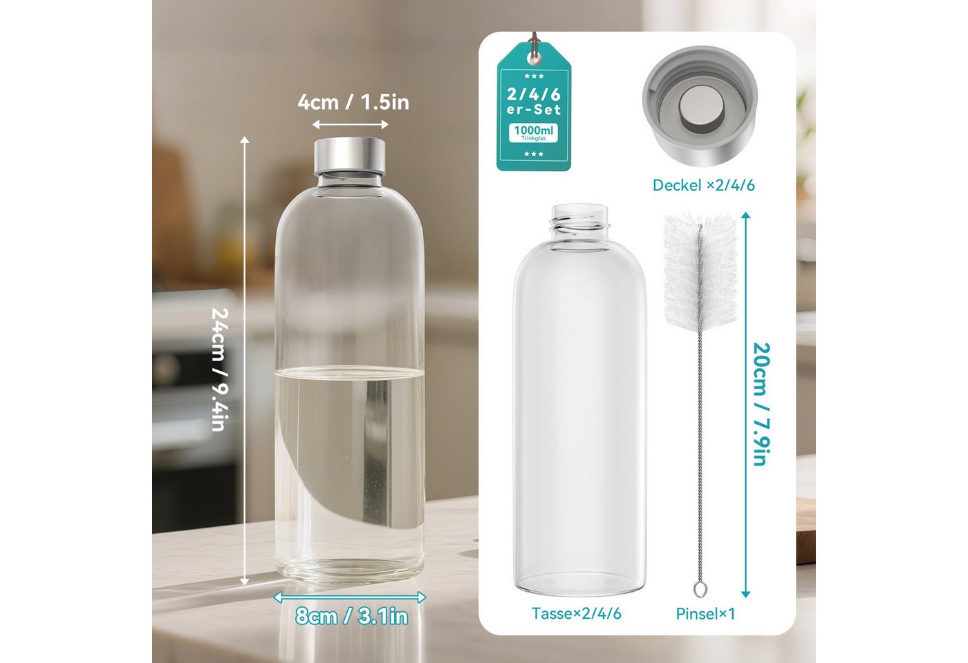FIVMEN Trinkflasche luftdichte Glaswasserflasche 1000ml mit Edelstahldeckel, 2/4/6 Stück Saftflaschen Set inkl. Reinigungsbürste für Wasser, Saft Bild 3