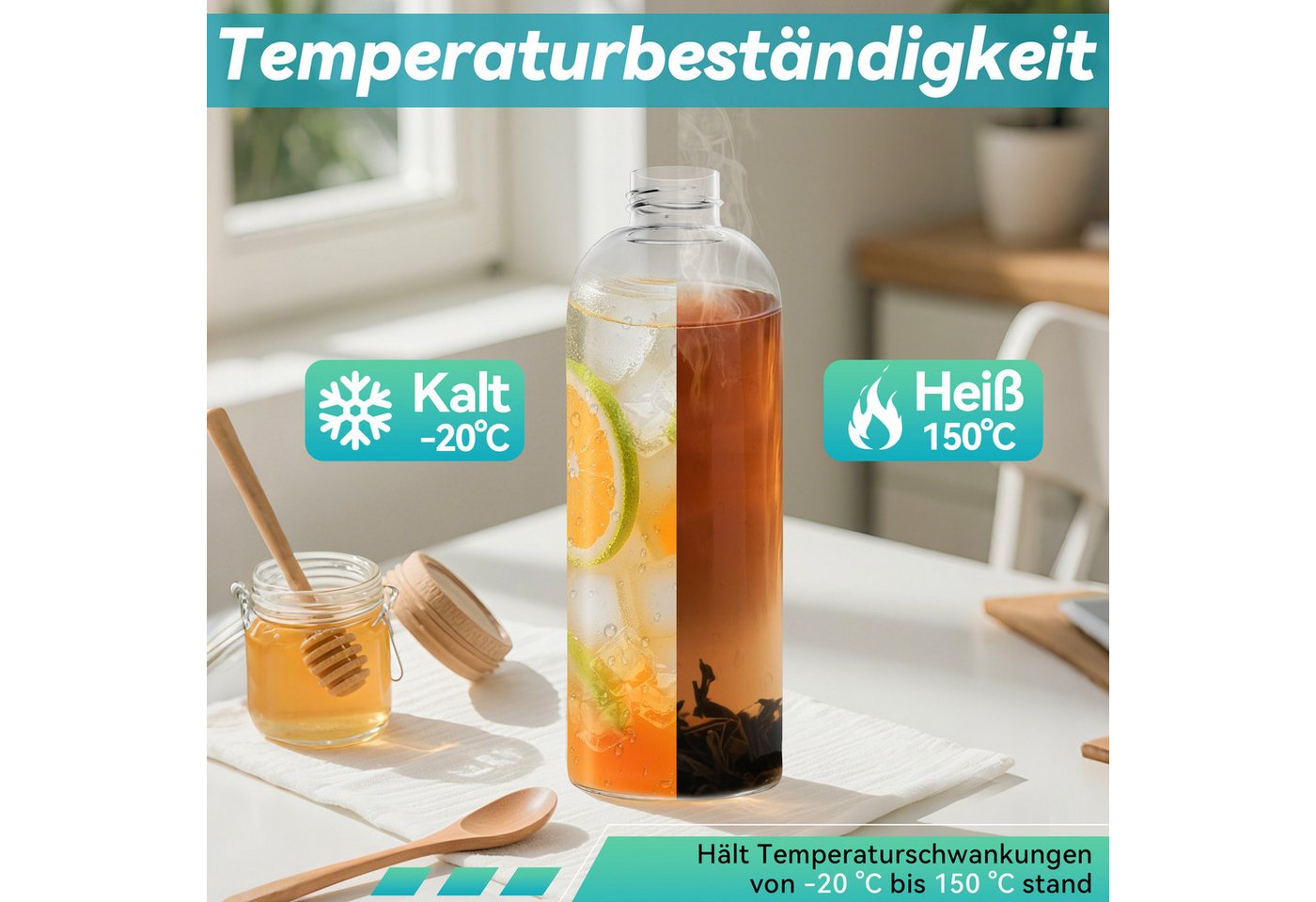 FIVMEN Trinkflasche luftdichte Glaswasserflasche 1000ml mit Edelstahldeckel, 2/4/6 Stück Saftflaschen Set inkl. Reinigungsbürste für Wasser, Saft Bild 4