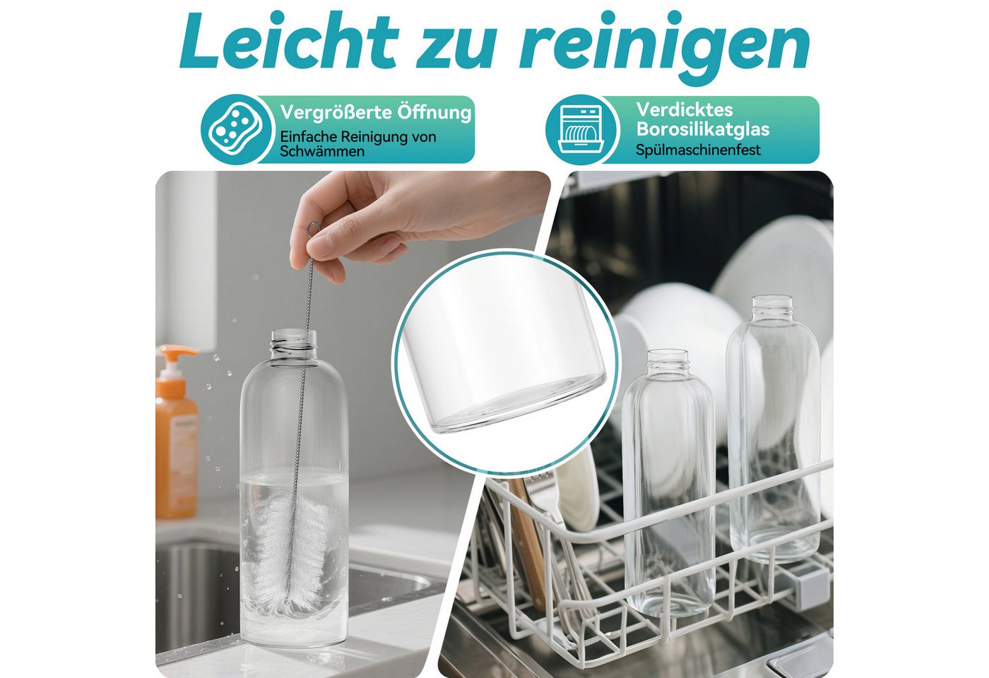 FIVMEN Trinkflasche luftdichte Glaswasserflasche 1000ml mit Edelstahldeckel, 2/4/6 Stück Saftflaschen Set inkl. Reinigungsbürste für Wasser, Saft Bild 5