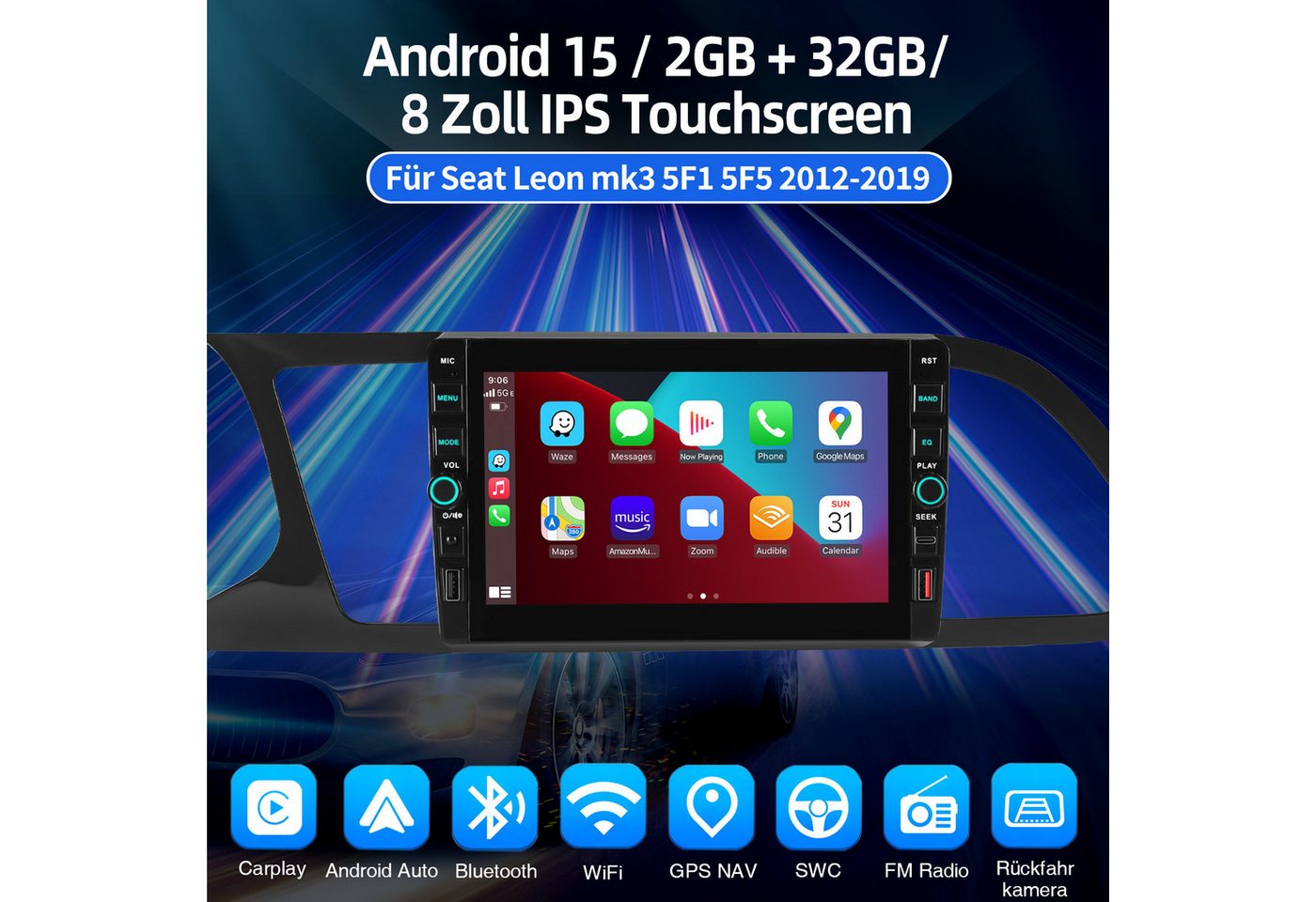 ESSGOO Für Seat LEON 5F1 2012-2020 Android 16 Autoradio GPS Navi WIFI Carplay Autoradio (RDS, 4+64GB(optional), Digitalradio (DAB), FM, GPS, WIFI, SWC, Apple Carplay Android Auto GPS Navi WIFI BT EQ mit USB- und Type-C) Bild 2