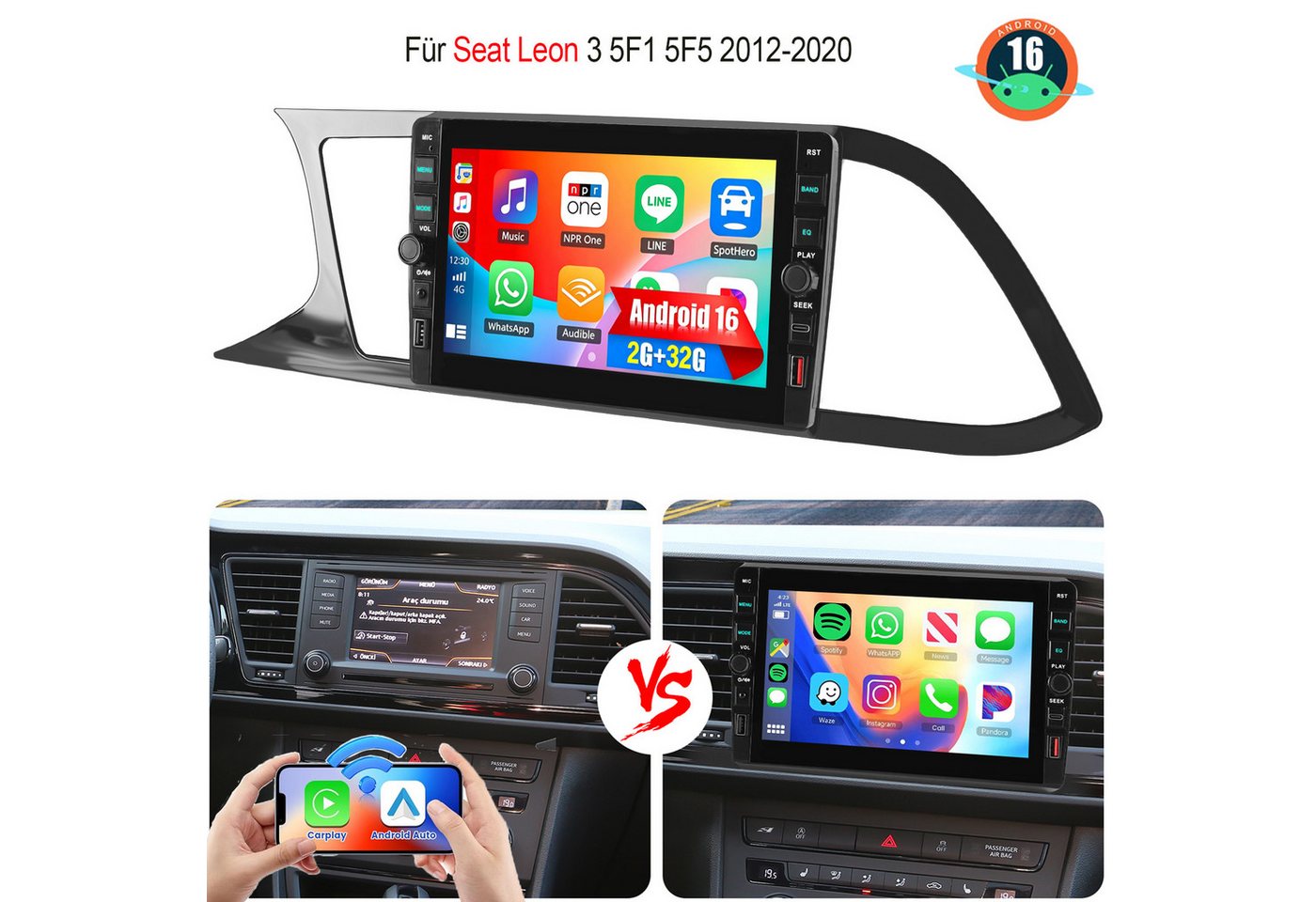 ESSGOO Für Seat LEON 5F1 2012-2020 Android 16 Autoradio GPS Navi WIFI Carplay Autoradio (RDS, 4+64GB(optional), Digitalradio (DAB), FM, GPS, WIFI, SWC, Apple Carplay Android Auto GPS Navi WIFI BT EQ mit USB- und Type-C) Bild 3