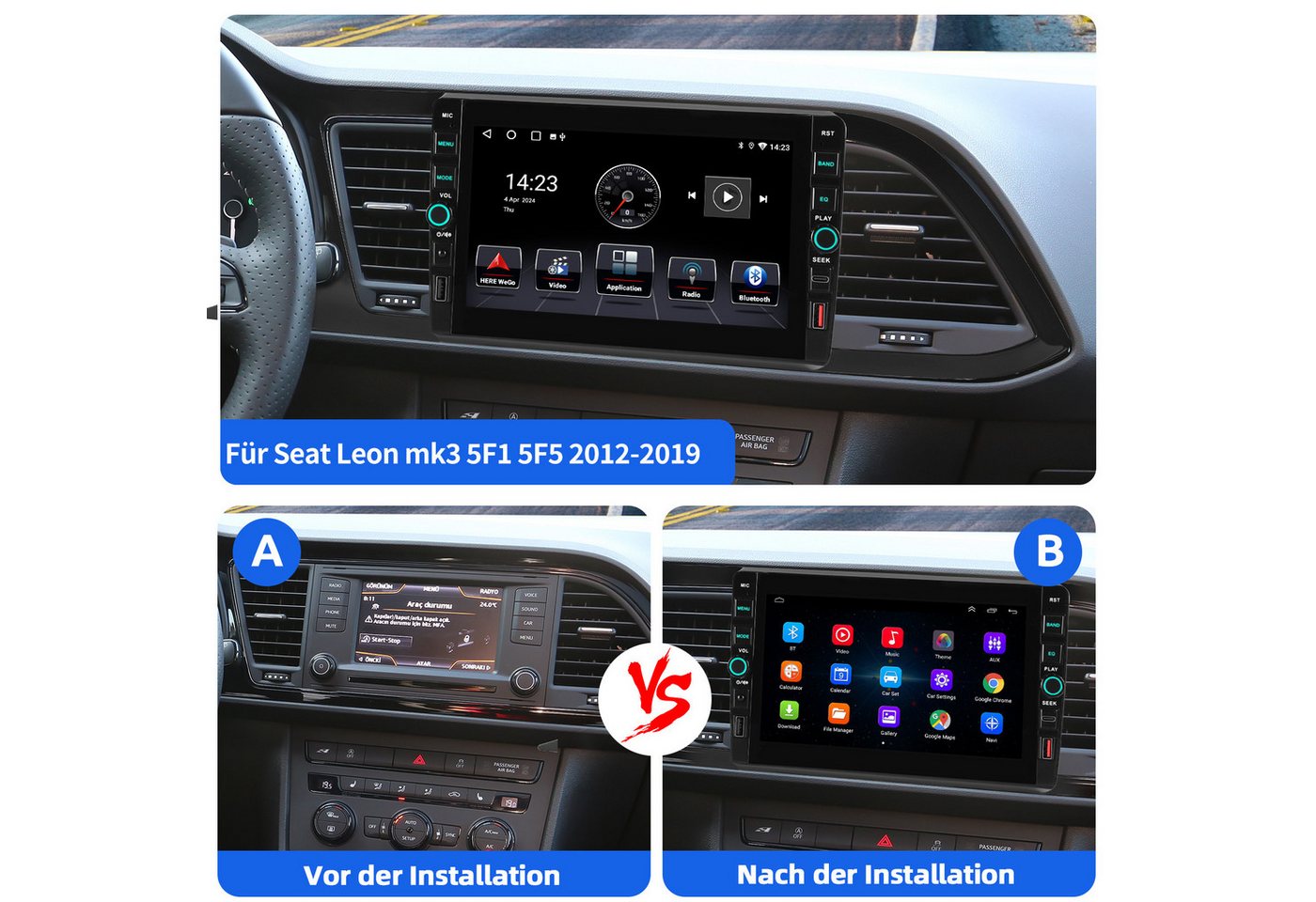 ESSGOO Für Seat LEON 5F1 2012-2020 Android 16 Autoradio GPS Navi WIFI Carplay Autoradio (RDS, 4+64GB(optional), Digitalradio (DAB), FM, GPS, WIFI, SWC, Apple Carplay Android Auto GPS Navi WIFI BT EQ mit USB- und Type-C) Bild 4