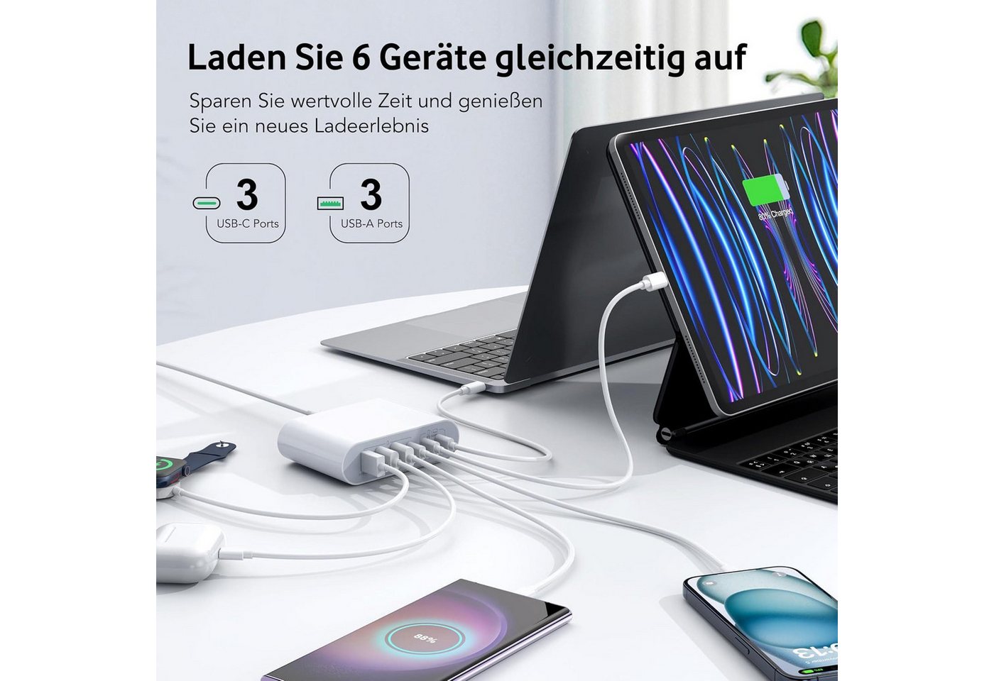 Vivitar 200W Ladegerät mit 6 Anschlüssen, GaN-Schnellladeger ät, 100W USB-C-PD USB-Ladegerät (inklusive eines 1,5 m langen, abnehmbaren Verlängerungskabels, für Tablets, Smartphones, Laptops, Smartwatches, Kopfhörer, Powerbanks, mit USB-A-Multiport, USB-C-Power-Delivery-Ladeadapter) Bild 2