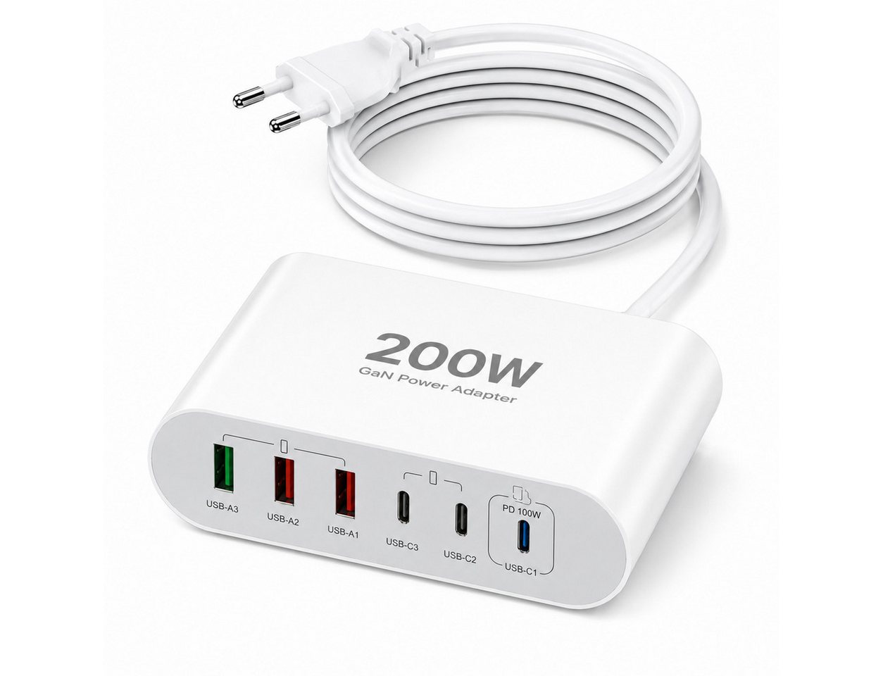 Vivitar 200W Ladegerät mit 6 Anschlüssen, GaN-Schnellladegerät, 100W USB-C-PD USB-Ladegerät (inklusive eines 1,5 m langen, abnehmbaren Verlängerungskabels, für Tablets, Smartphones, Laptops, Smartwatches, Kopfhörer, Powerbanks, mit USB-A-Multiport, USB-C-Power-Delivery-Ladeadapter) Bild 3