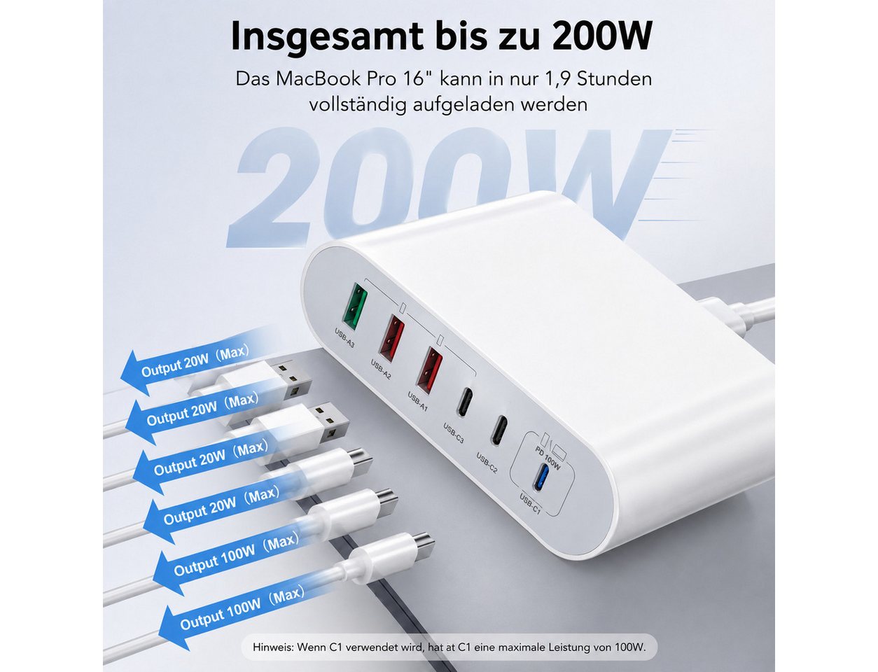 Vivitar 200W Ladegerät mit 6 Anschlüssen, GaN-Schnellladegerät, 100W USB-C-PD USB-Ladegerät (inklusive eines 1,5 m langen, abnehmbaren Verlängerungskabels, für Tablets, Smartphones, Laptops, Smartwatches, Kopfhörer, Powerbanks, mit USB-A-Multiport, USB-C-Power-Delivery-Ladeadapter) Bild 4