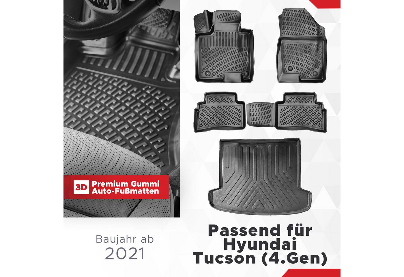 fussmattenprofi.com Auto-Fußmatten 3D Gummimatten & Kofferraumwanne für Hyundai Tucson (4.Gen) 2020-2026