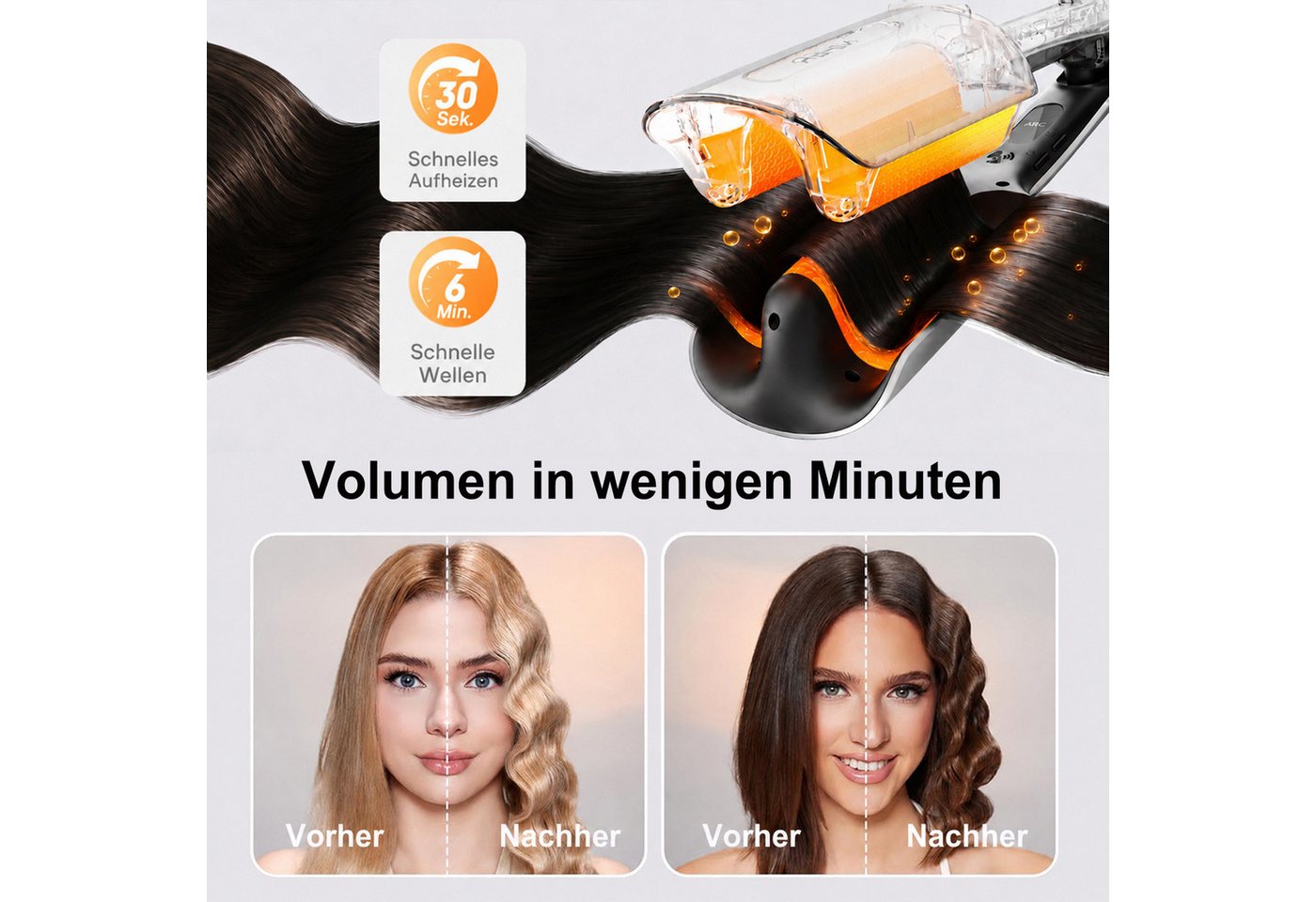 Futicare Lockenstab Hairstyler Welleneisen 32 mm, 3-Barrel für natürliche Wellen, Ionen-Technologie, 3 Temperaturstufen, LED-Display, Schnellaufheizung, für kurze & lange Haare Bild 4