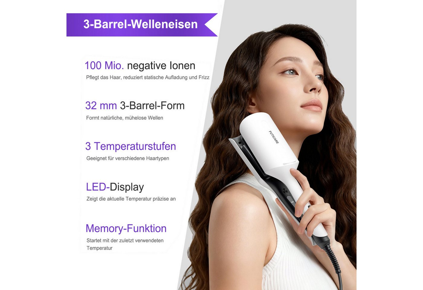 Futicare Lockenstab Hairstyler Welleneisen 32 mm, 3-Barrel für natürliche Wellen, Ionen-Technologie, 3 Temperaturstufen, LED-Display, Schnellaufheizung, für kurze & lange Haare Bild 5