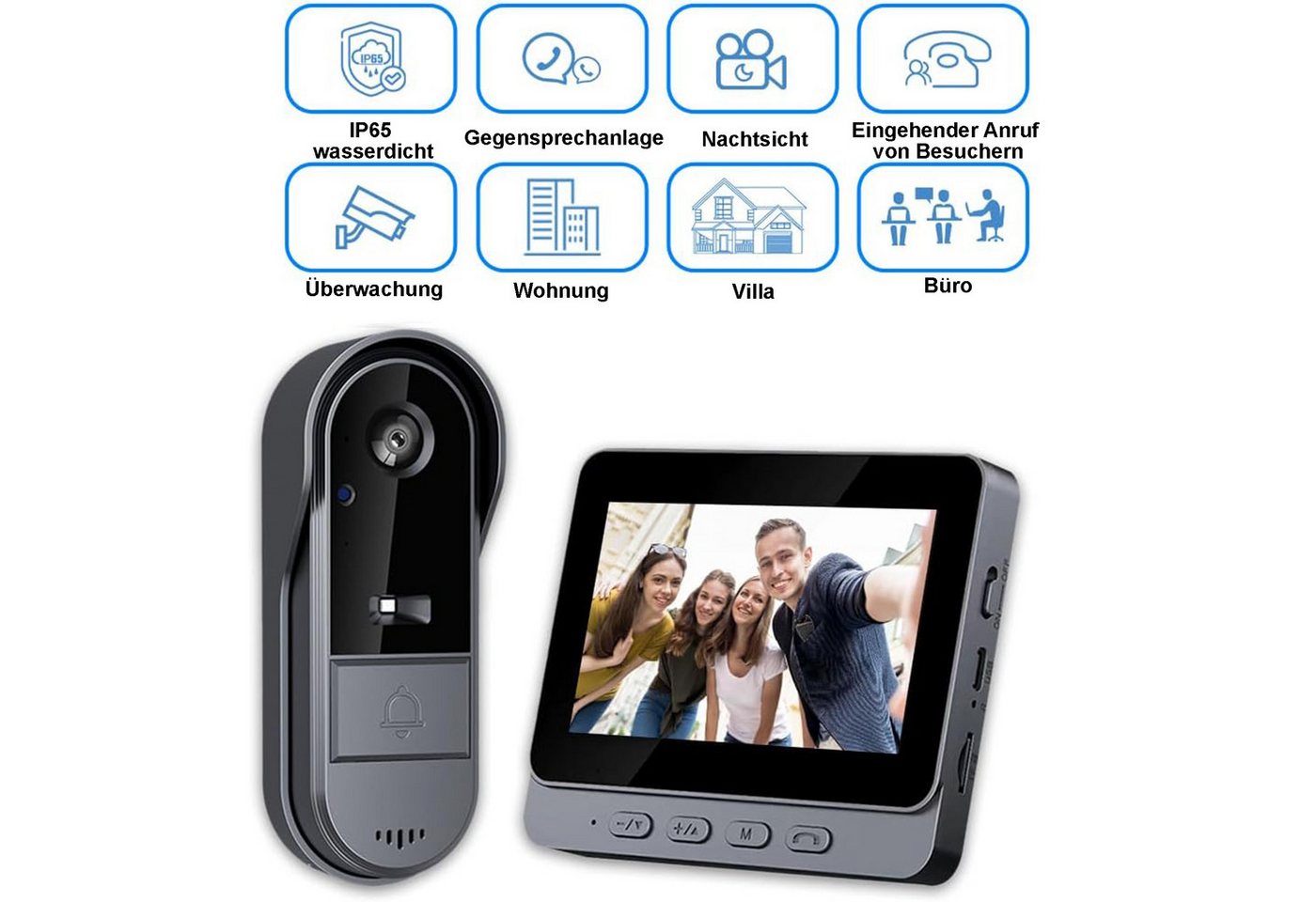 Senmudi Smart Home Türklingel Drahtlose Türklingel mit Kamera 1080P IP65 Wasserdicht (Video Türklingel 4,3Zoll, mit 170°HD Kamera, IPS Bildschirm Funkklingel, Kabellose Türklingel mit IR-Nachtsicht, Zwei-Wege-Audio, Aktivierung, 1800mAh Akuu Drahtlose Video Türklingel, ideal für Mehrfamilienhäuser und Apartments) Bild 2