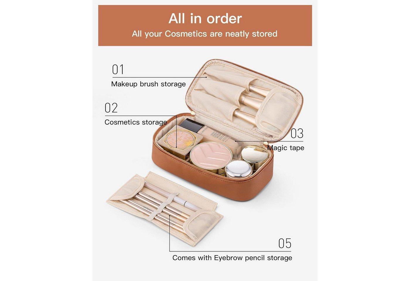 LuxusKollektion Kosmetiktasche Kosmetiktasche Reise Klein MakeUp Damen Organizer Leder Braun Bild 5