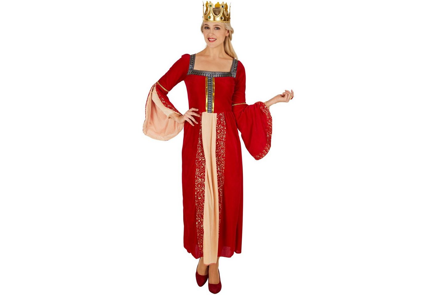 dressforfun Kostüm Herrscherin/Regentin, in rot, Gr. S, Aus schimmerndem Pannesamt, Königinnen-Kleid, Trompetenärmel, Verzierungen mit goldenen Bordüren