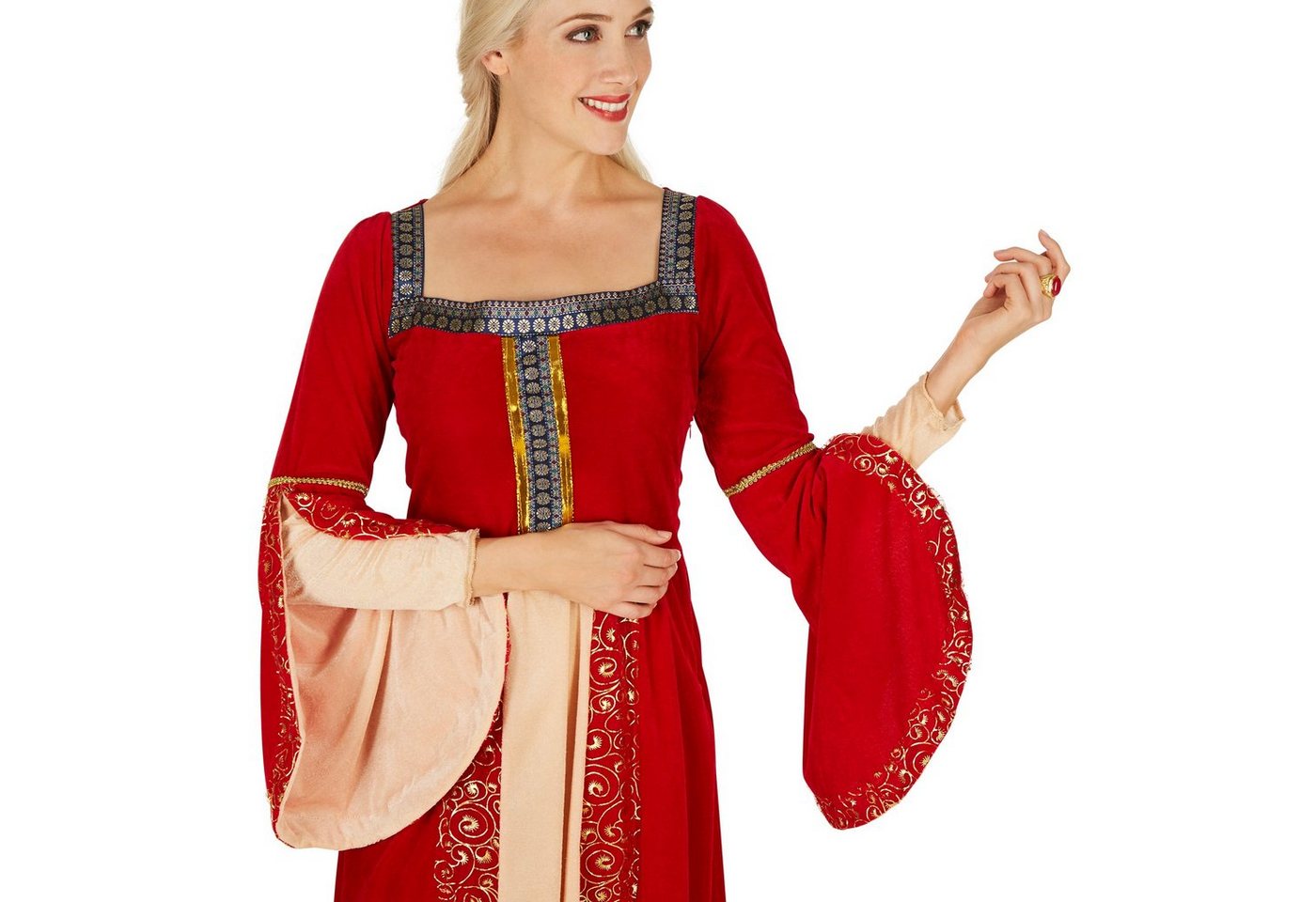 dressforfun Kostüm Herrscherin/Regentin, in rot, Gr. S, Aus schimmerndem Pannesamt, Königinnen-Kleid, Trompetenärmel, Verzierungen mit goldenen Bordüren Bild 2